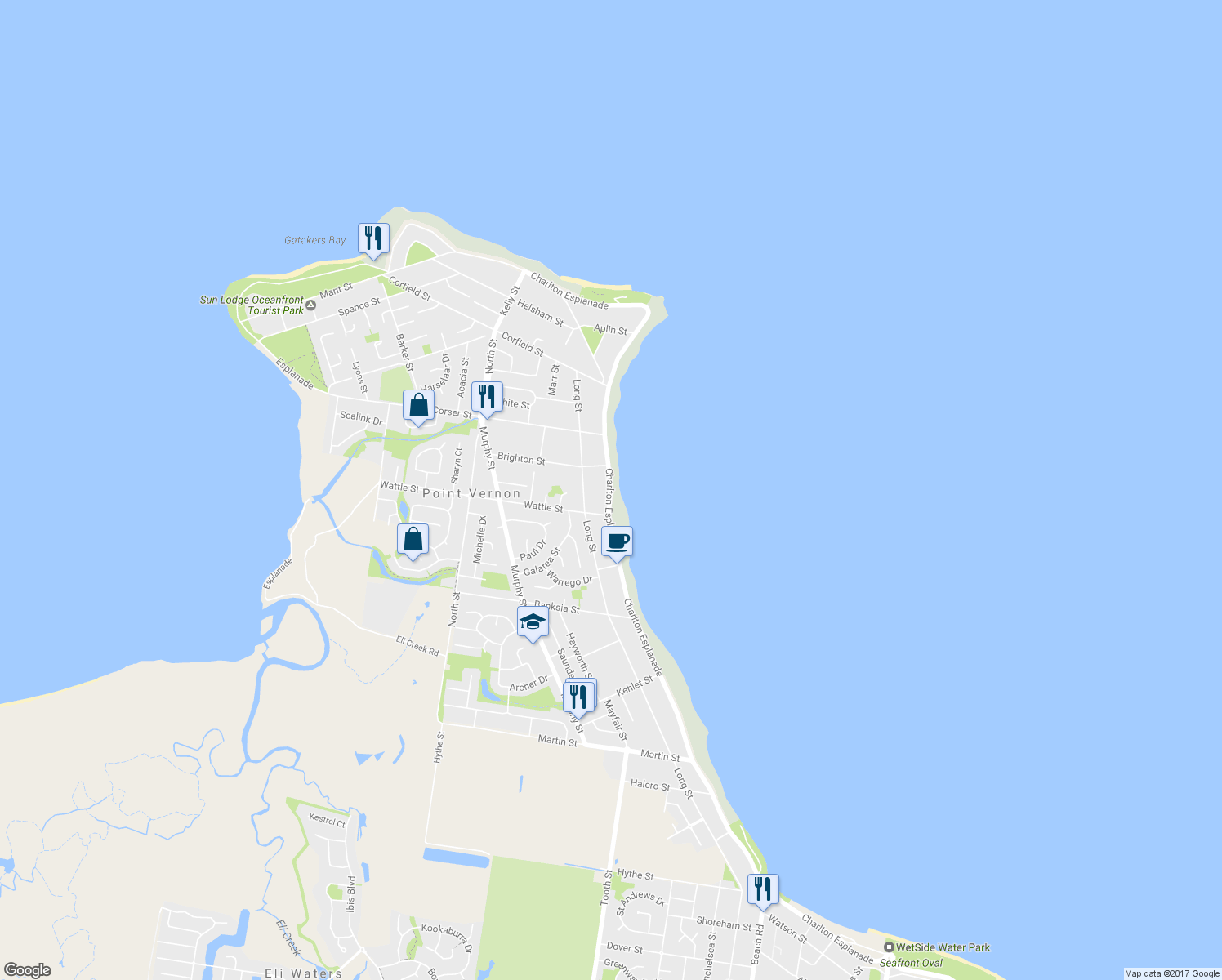 map of restaurants, bars, coffee shops, grocery stores, and more near 131 Esplanade in Point Vernon
