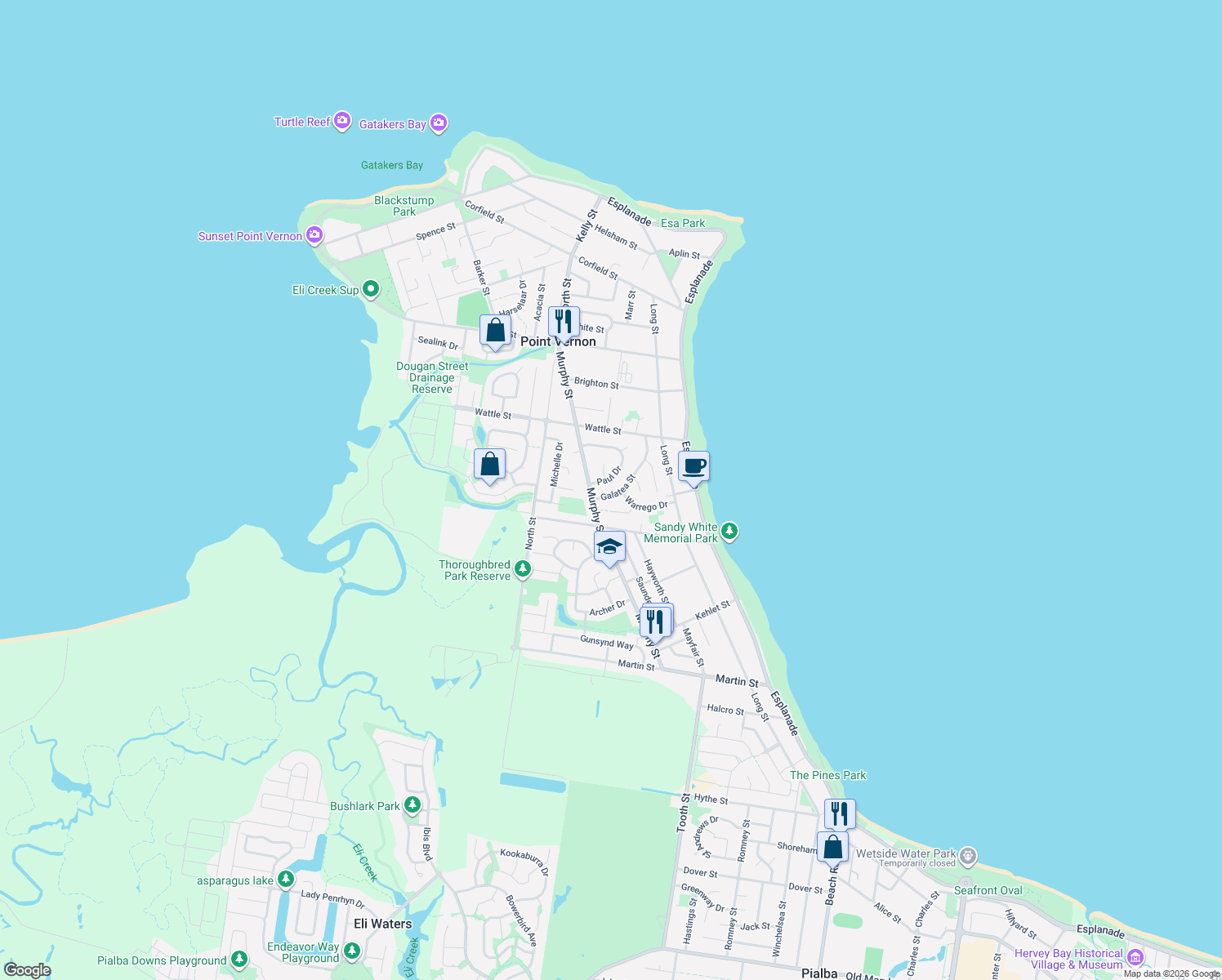 map of restaurants, bars, coffee shops, grocery stores, and more near 35 Galatea Street in Point Vernon