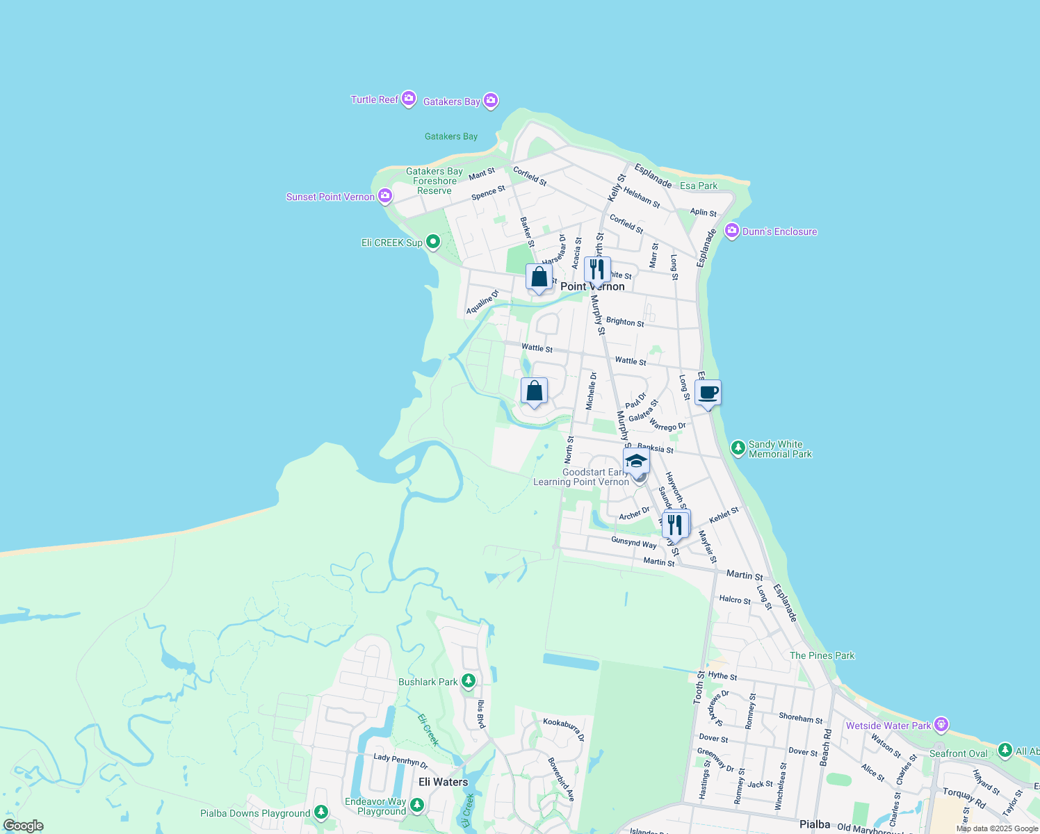map of restaurants, bars, coffee shops, grocery stores, and more near 32 Spinnaker Drive in Point Vernon