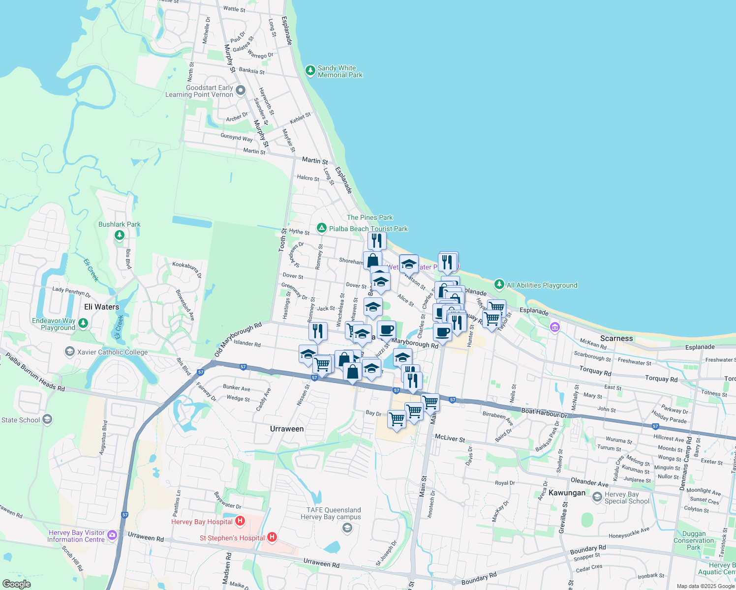 map of restaurants, bars, coffee shops, grocery stores, and more near 41 Beach Road in Pialba