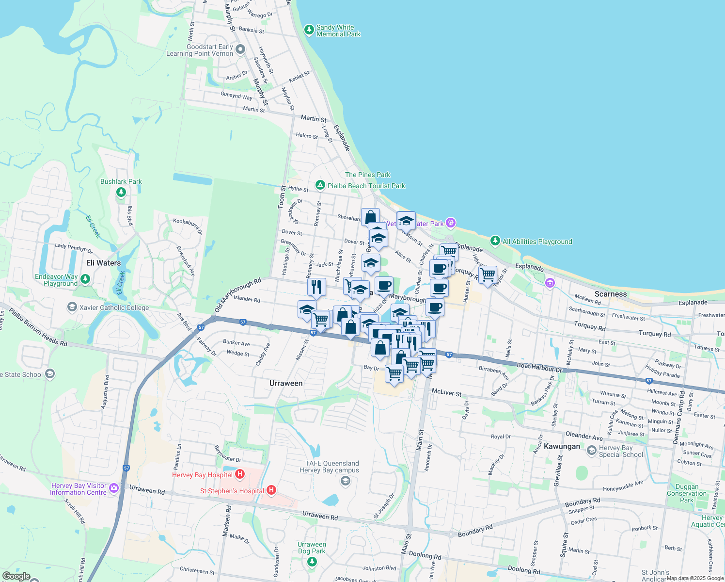 map of restaurants, bars, coffee shops, grocery stores, and more near Beach Road in Pialba