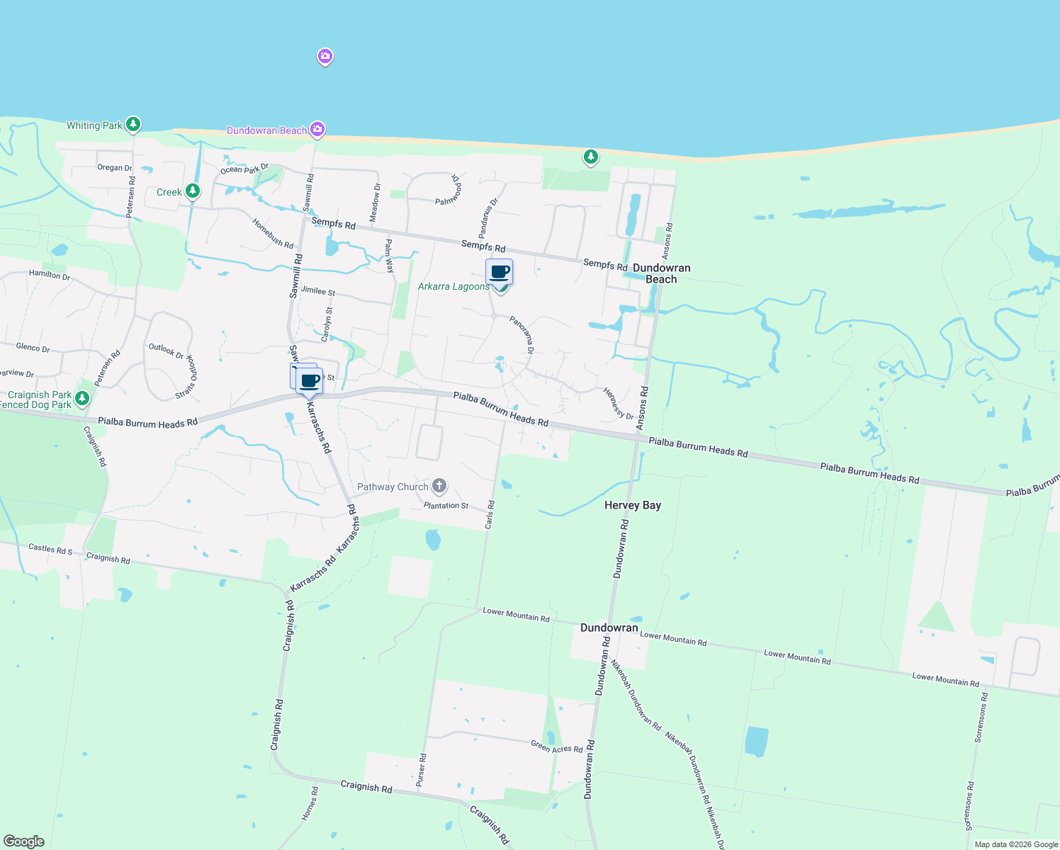 map of restaurants, bars, coffee shops, grocery stores, and more near 22 Pedelty Lane in Dundowran