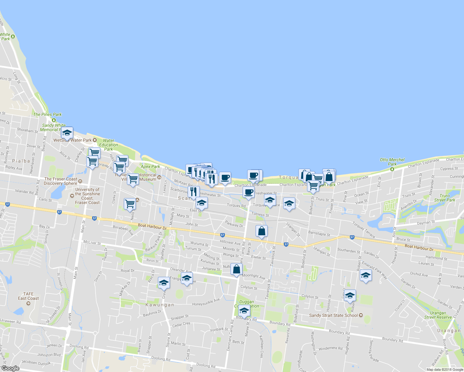 map of restaurants, bars, coffee shops, grocery stores, and more near 367 Esplanade in Scarness