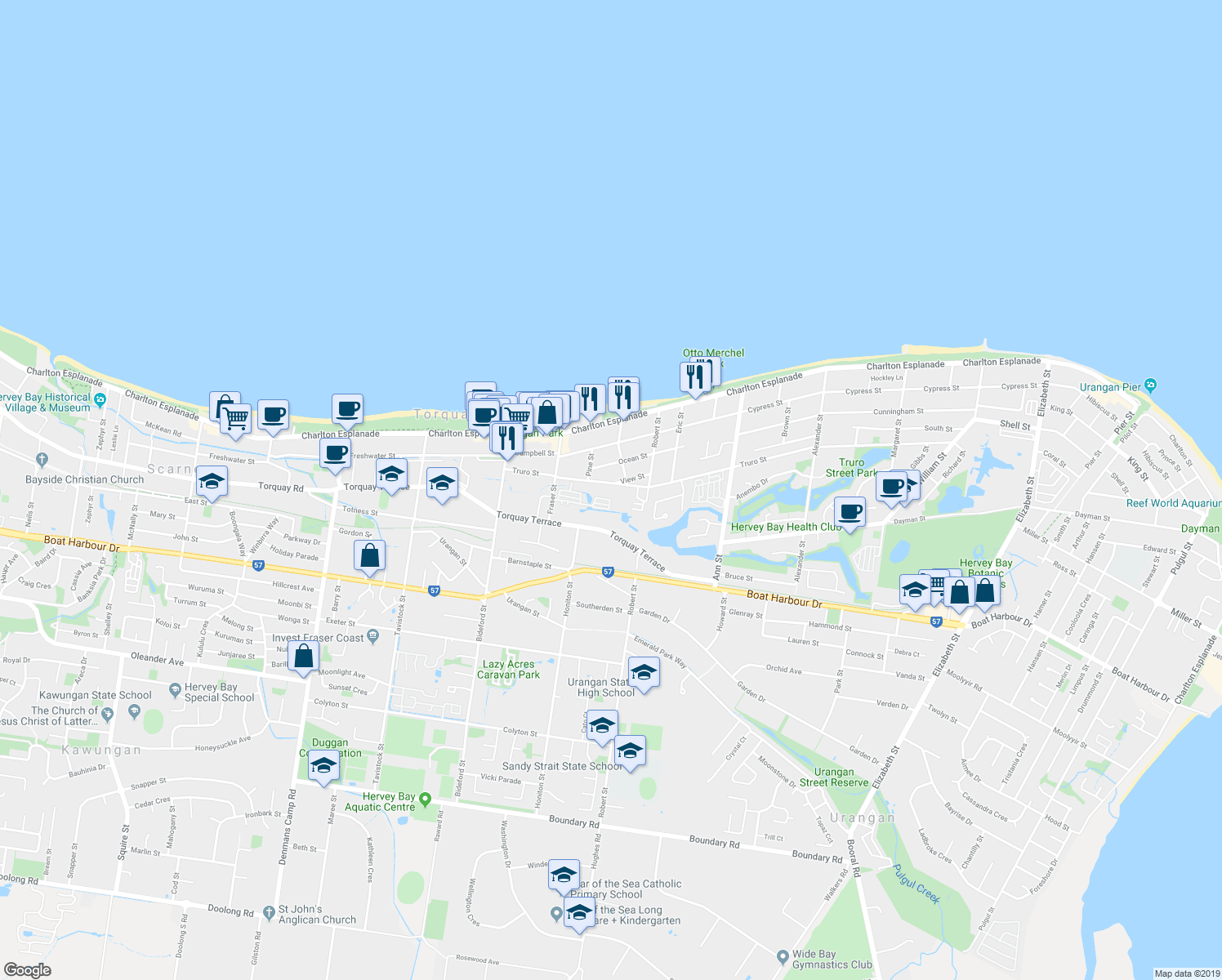 map of restaurants, bars, coffee shops, grocery stores, and more near 55 Truro Street in Torquay