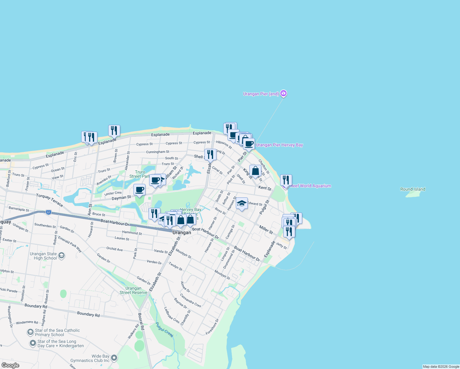 map of restaurants, bars, coffee shops, grocery stores, and more near 19 Kent Street in Urangan