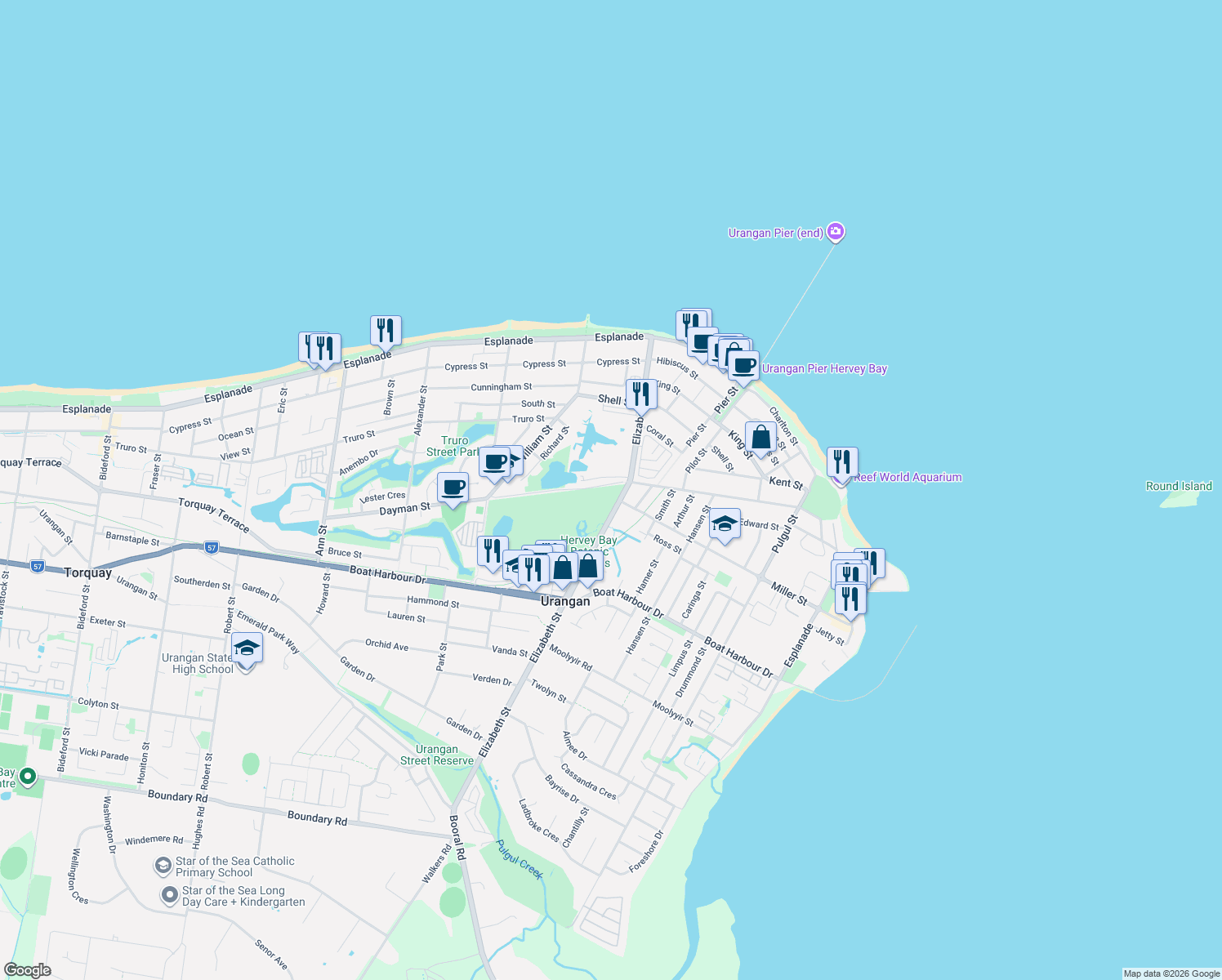 map of restaurants, bars, coffee shops, grocery stores, and more near 62-105 Elizabeth Street in Urangan