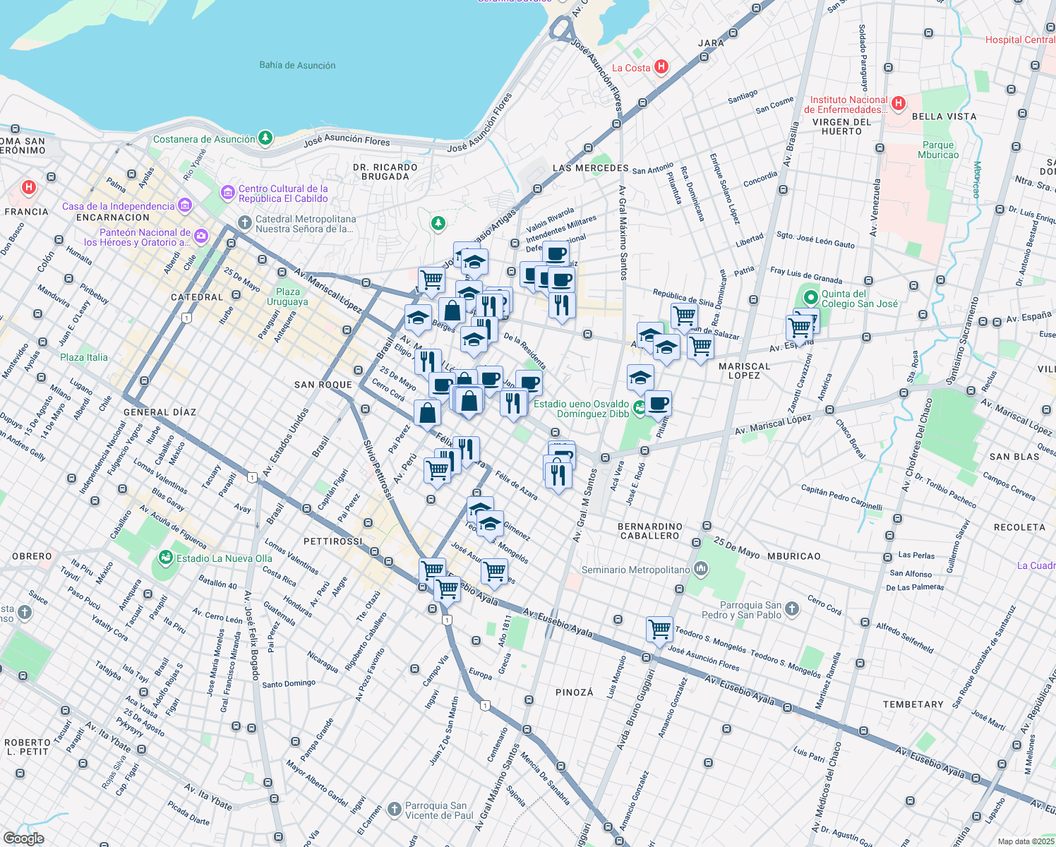 map of restaurants, bars, coffee shops, grocery stores, and more near 1532 Avenida Mariscal López in Asunción
