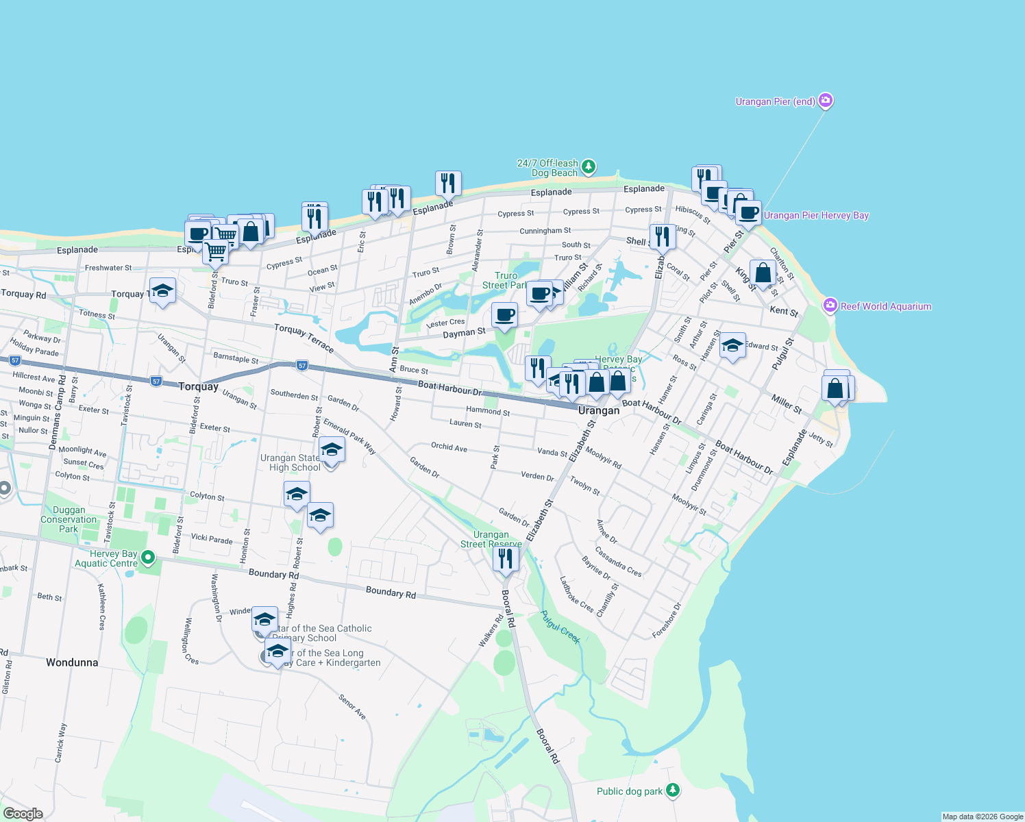 map of restaurants, bars, coffee shops, grocery stores, and more near 105 Hammond Street in Urangan