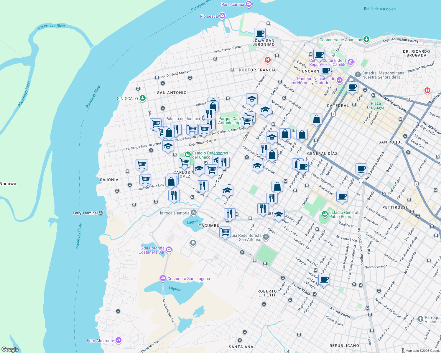 map of restaurants, bars, coffee shops, grocery stores, and more near Avda. Colón in Asunción