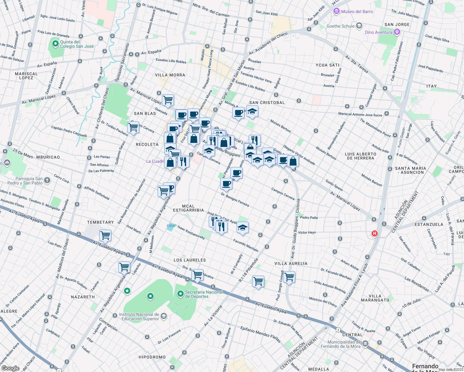 map of restaurants, bars, coffee shops, grocery stores, and more near R.I. 6 Boquerón in Asuncion