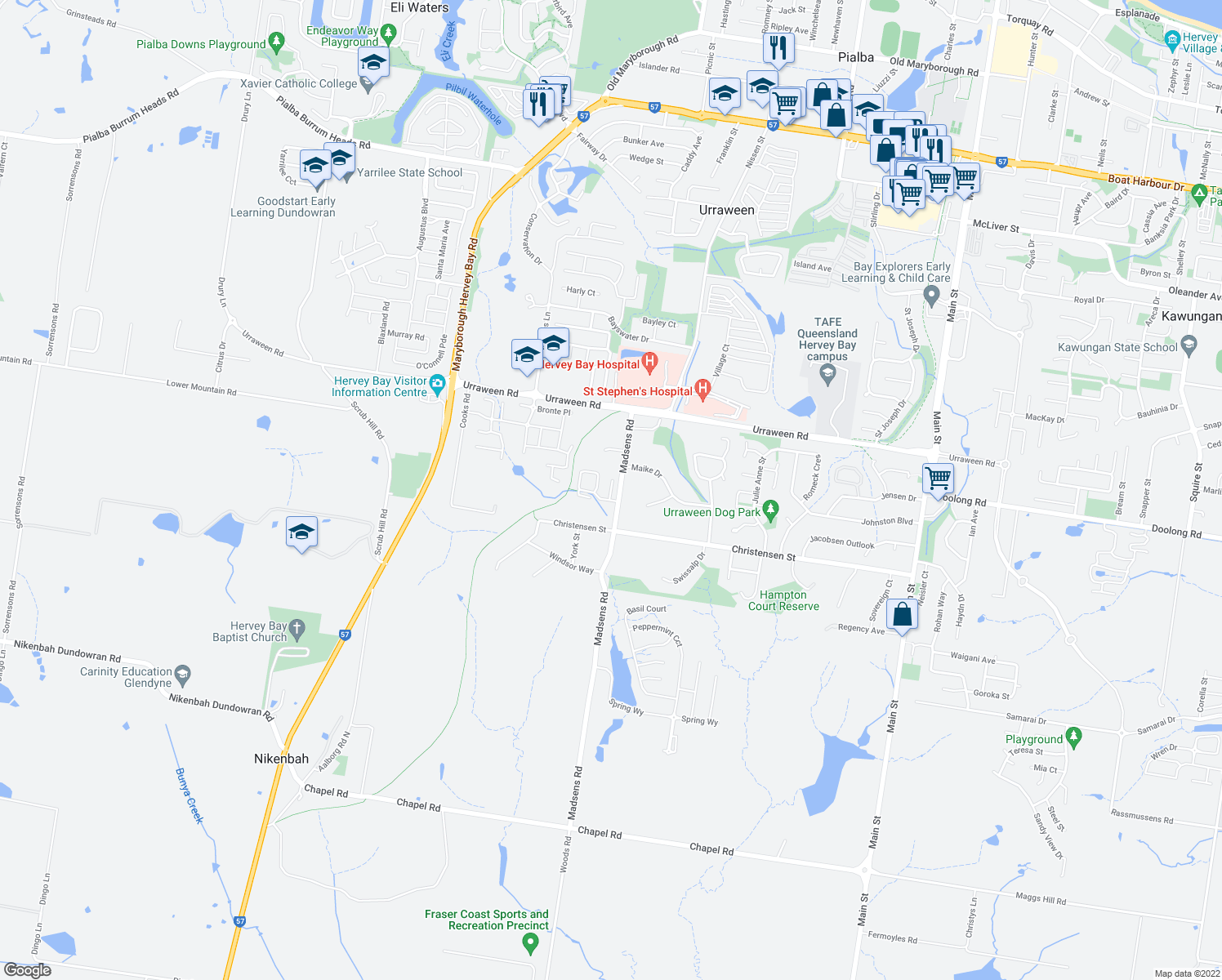 map of restaurants, bars, coffee shops, grocery stores, and more near Mandi Court in Urraween