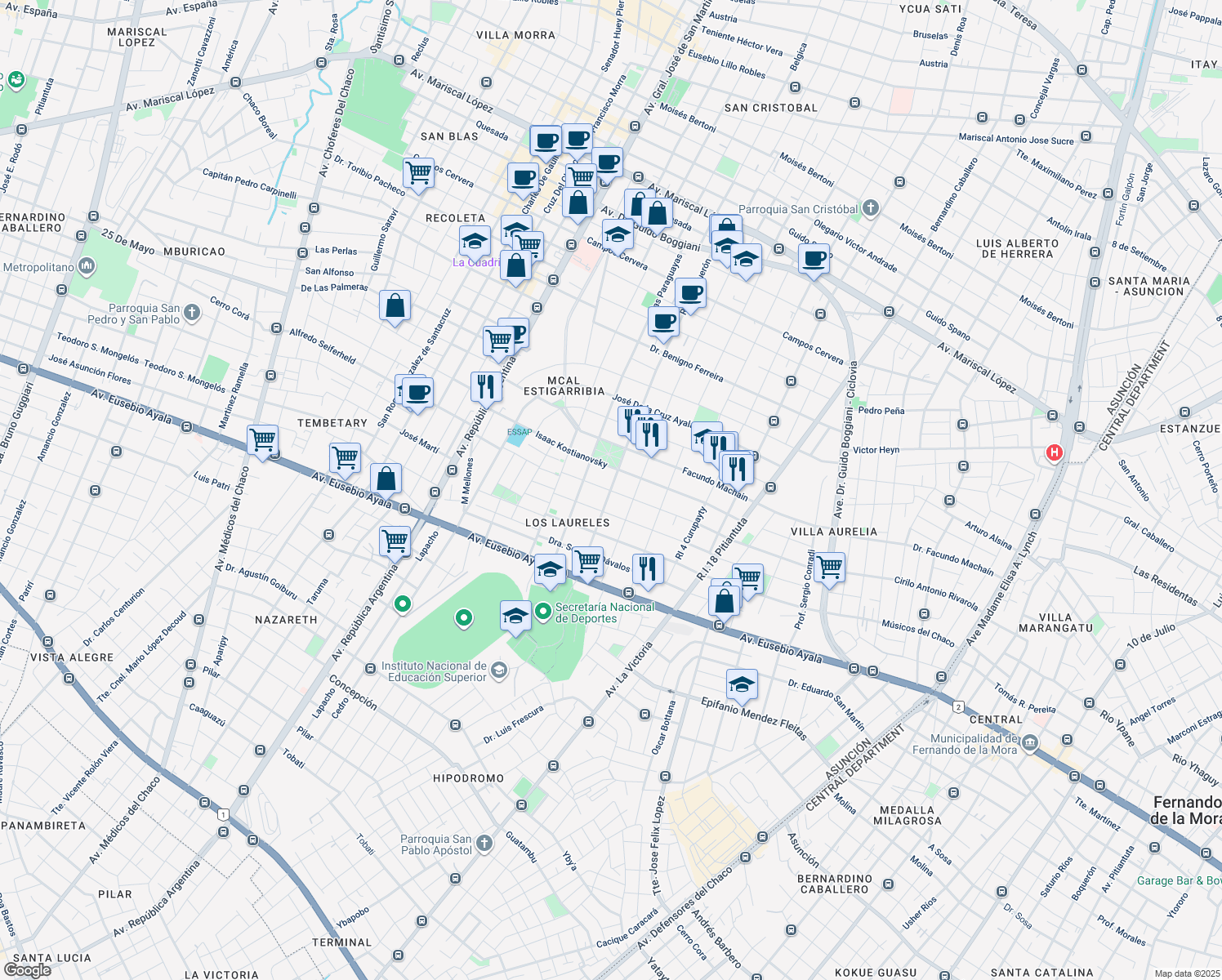 map of restaurants, bars, coffee shops, grocery stores, and more near R.I. 6 Boquerón in Asuncion