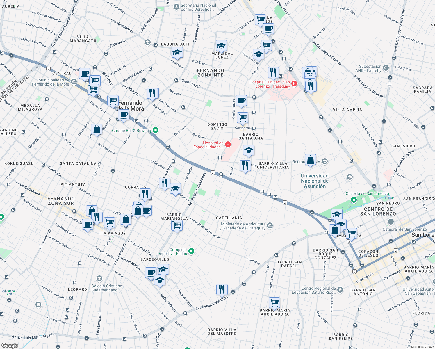 map of restaurants, bars, coffee shops, grocery stores, and more near 2 Ruta Mcal. José F. Estigarribia in San Lorenzo