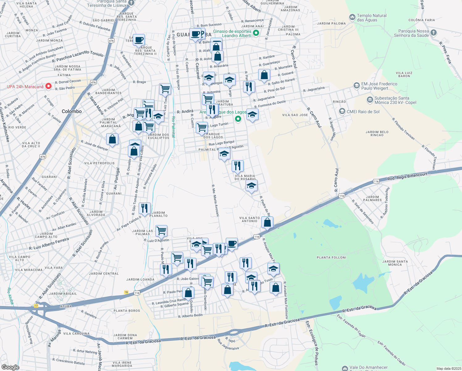 map of restaurants, bars, coffee shops, grocery stores, and more near 106 Rua Maria Geronasso do Rosário in Colombo