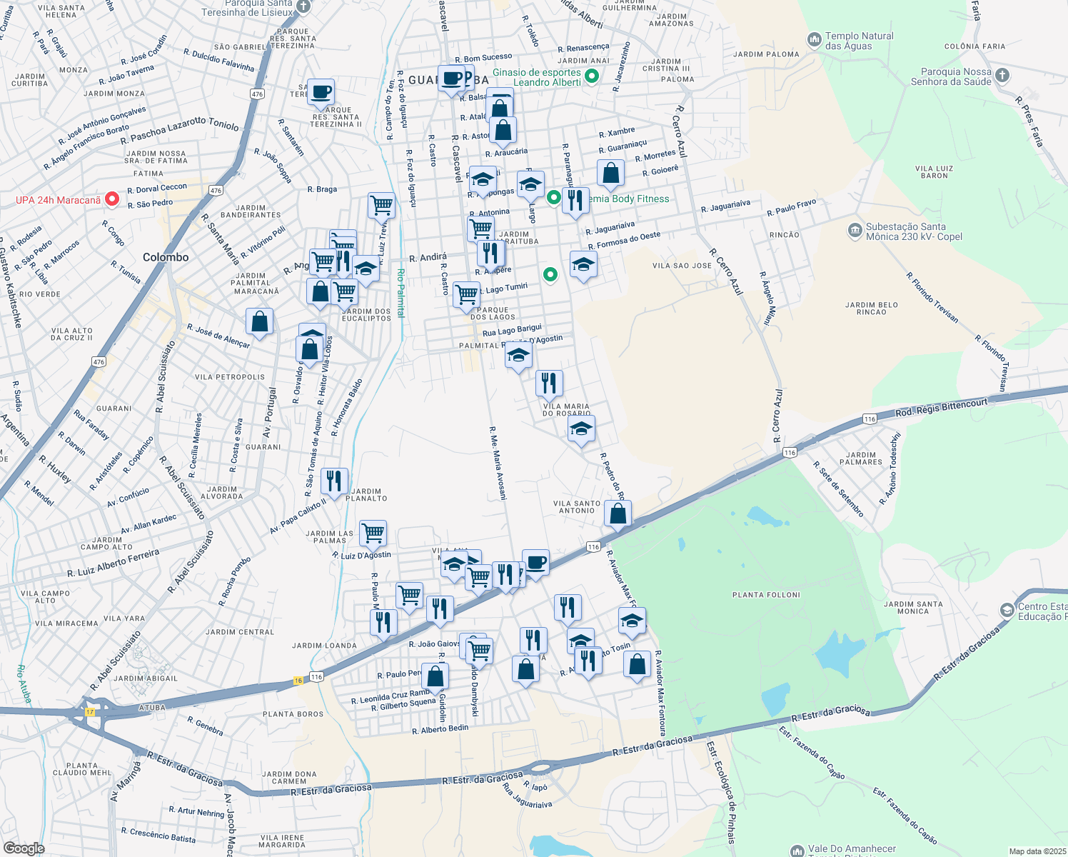 map of restaurants, bars, coffee shops, grocery stores, and more near 106 Rua Maria Geronasso do Rosário in Colombo