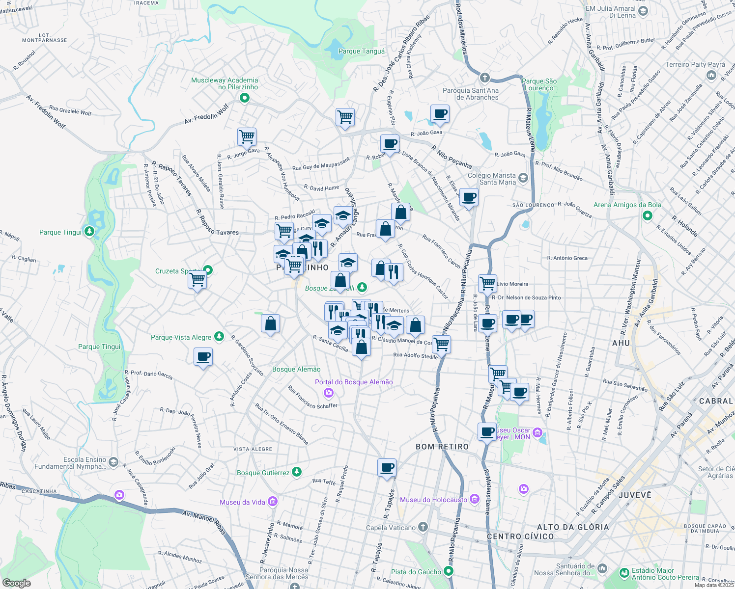 map of restaurants, bars, coffee shops, grocery stores, and more near 210 R. Victor Benato in Curitiba