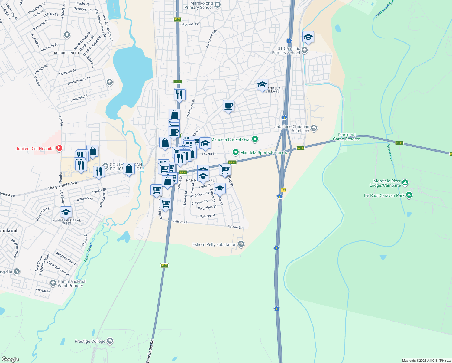 map of restaurants, bars, coffee shops, grocery stores, and more near 1683 Suurman Street in Hammanskraal