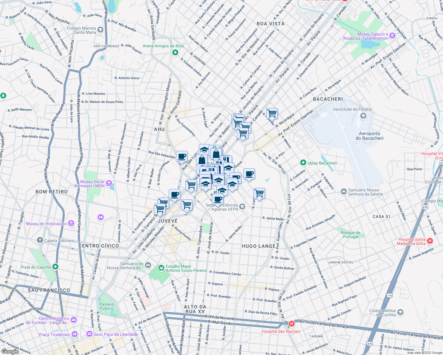 map of restaurants, bars, coffee shops, grocery stores, and more near 904 Avenida Munhoz da Rocha in Curitiba