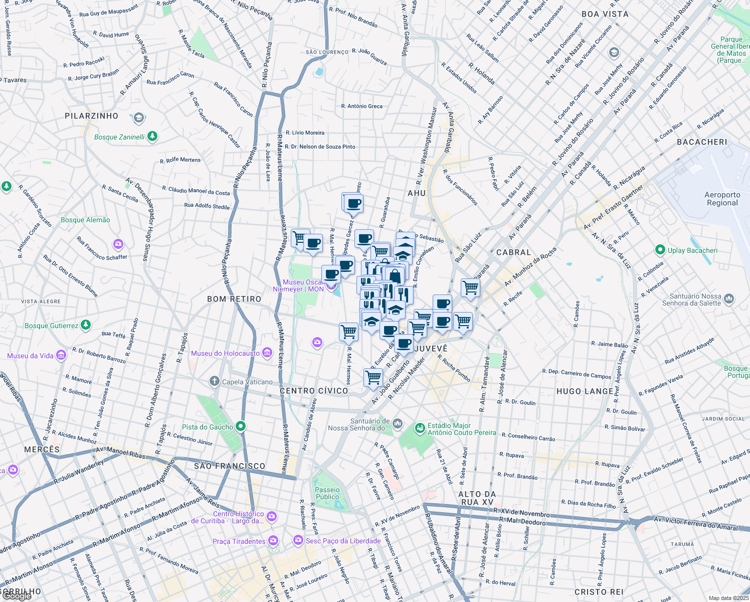 map of restaurants, bars, coffee shops, grocery stores, and more near 86 Rua São Pio X in Curitiba