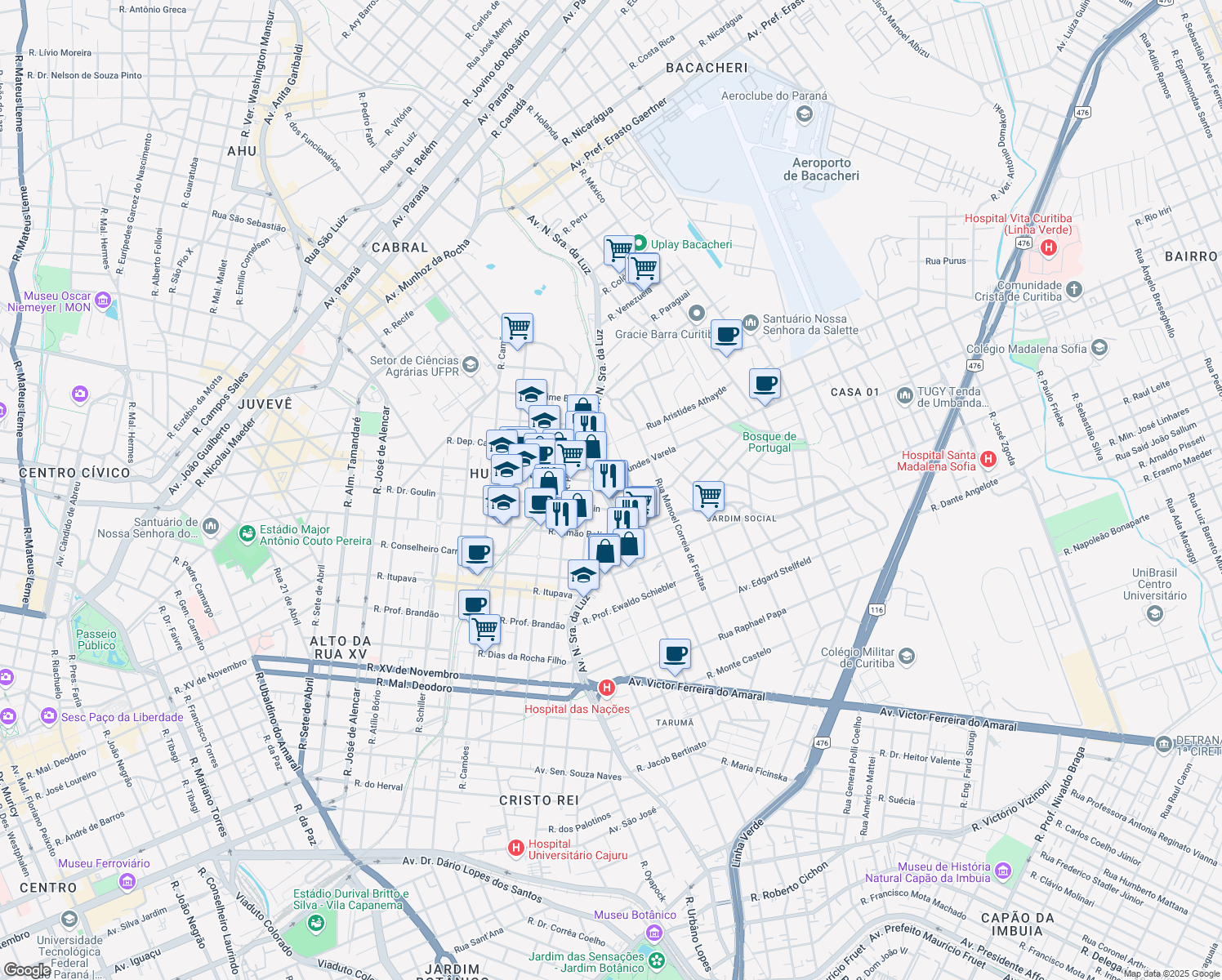 map of restaurants, bars, coffee shops, grocery stores, and more near 1725 Avenida N. Senhora da Luz in Curitiba
