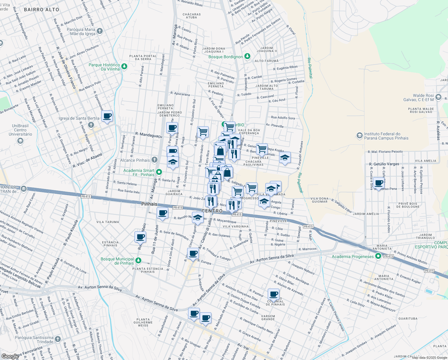 map of restaurants, bars, coffee shops, grocery stores, and more near 916 Rua Salgado Filho in Pinhais