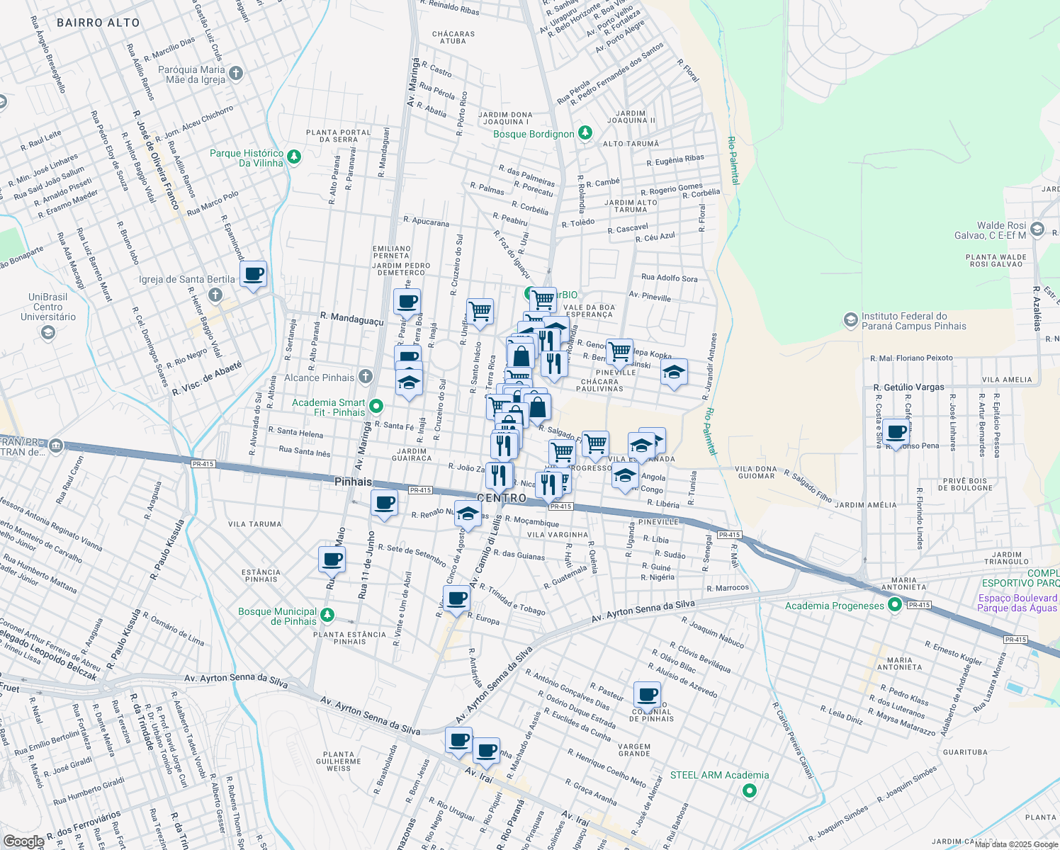map of restaurants, bars, coffee shops, grocery stores, and more near 918 Rua Salgado Filho in Pinhais