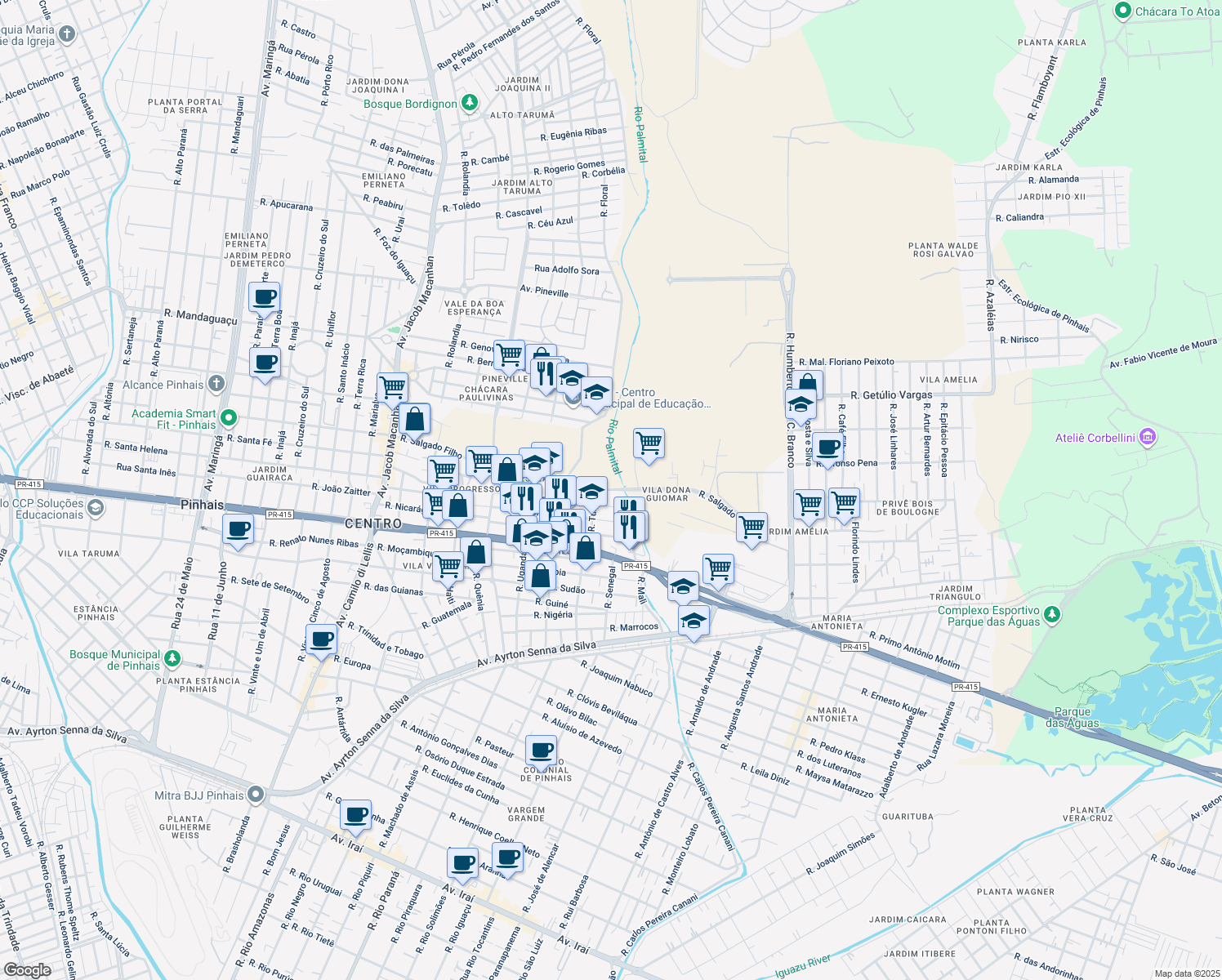 map of restaurants, bars, coffee shops, grocery stores, and more near 916 Rua Salgado Filho in Pinhais