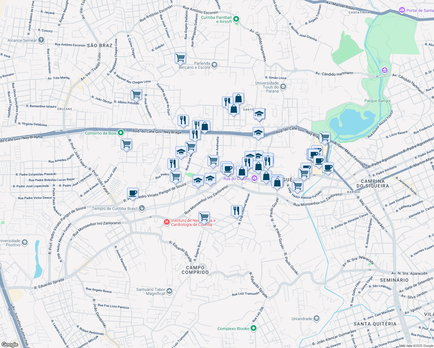 map of restaurants, bars, coffee shops, grocery stores, and more near 5300 Rua Professor Pedro Viriato Parigot de Souza in Curitiba