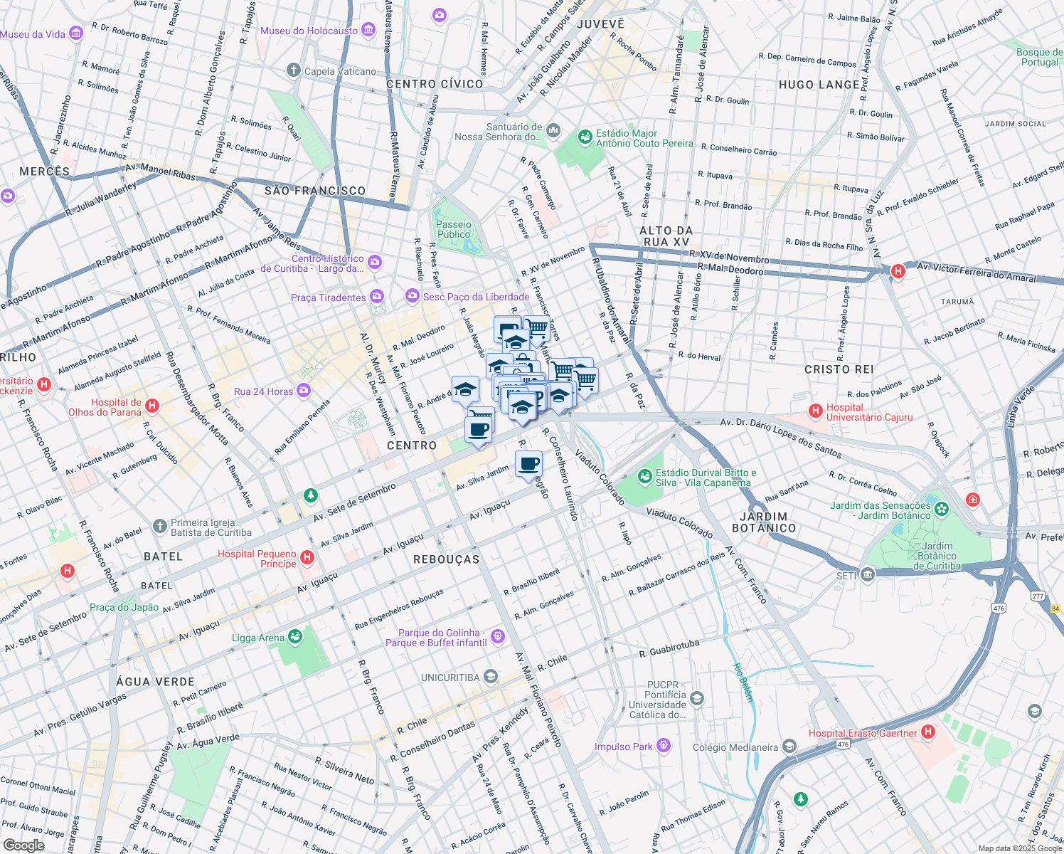 map of restaurants, bars, coffee shops, grocery stores, and more near 2451 Avenida Sete de Setembro in Curitiba
