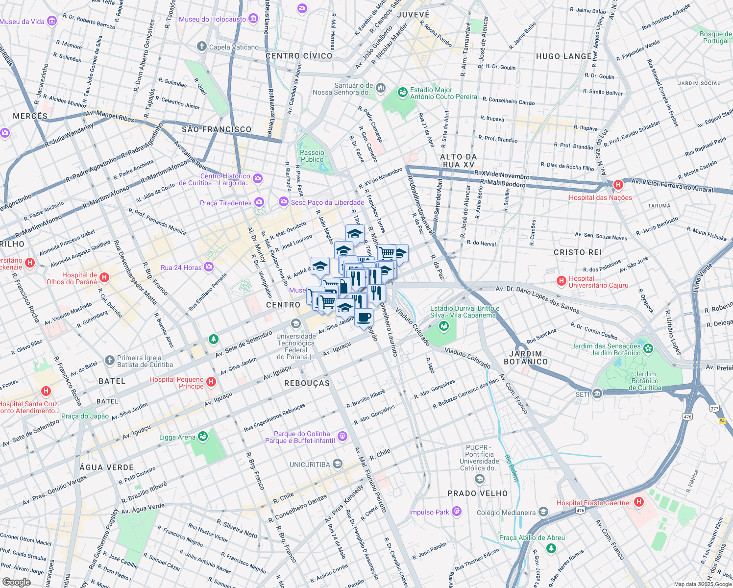 map of restaurants, bars, coffee shops, grocery stores, and more near 2451 Avenida Sete de Setembro in Curitiba