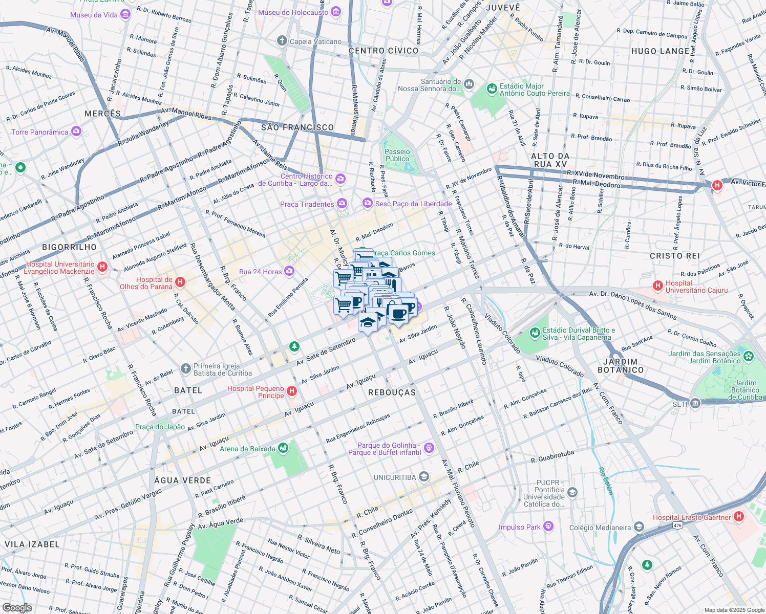 map of restaurants, bars, coffee shops, grocery stores, and more near 2807 Avenida Visconde de Guarapuava in Curitiba
