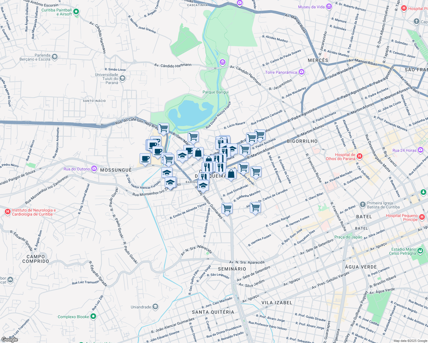 map of restaurants, bars, coffee shops, grocery stores, and more near 3130 Rua Martim Afonso in Curitiba