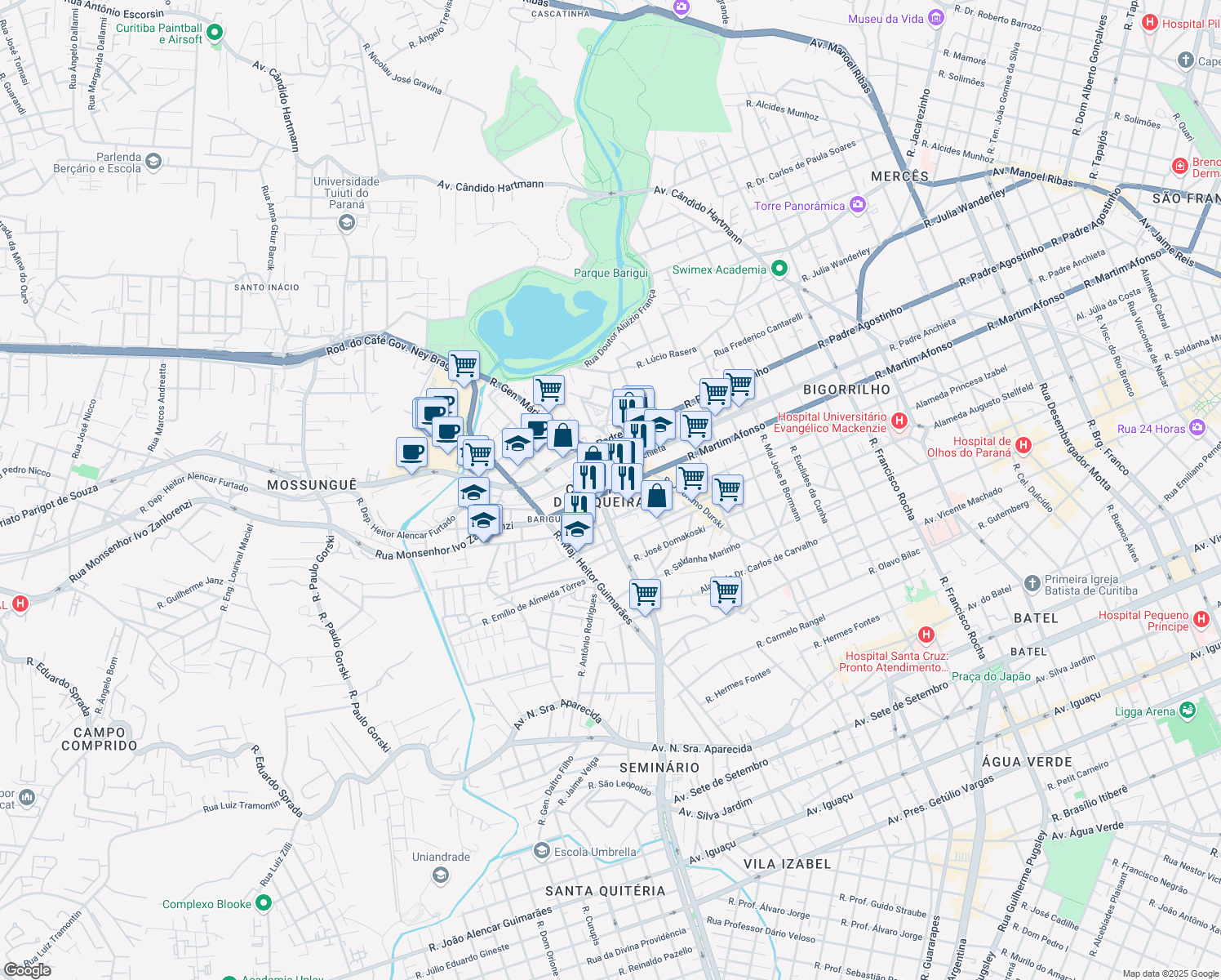 map of restaurants, bars, coffee shops, grocery stores, and more near 3130 Rua Martim Afonso in Curitiba