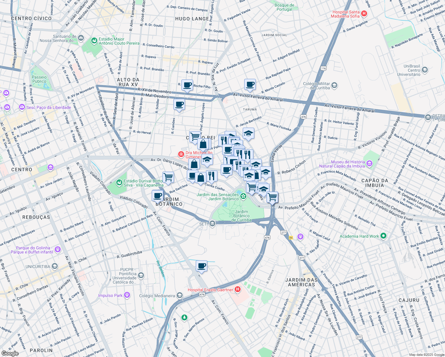 map of restaurants, bars, coffee shops, grocery stores, and more near 2197 Avenida Doutor Dário Lopes dos Santos in Curitiba