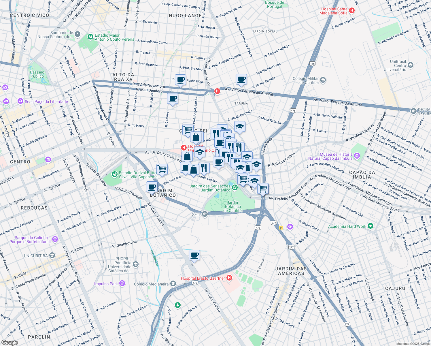 map of restaurants, bars, coffee shops, grocery stores, and more near 2197 Avenida Doutor Dário Lopes dos Santos in Curitiba