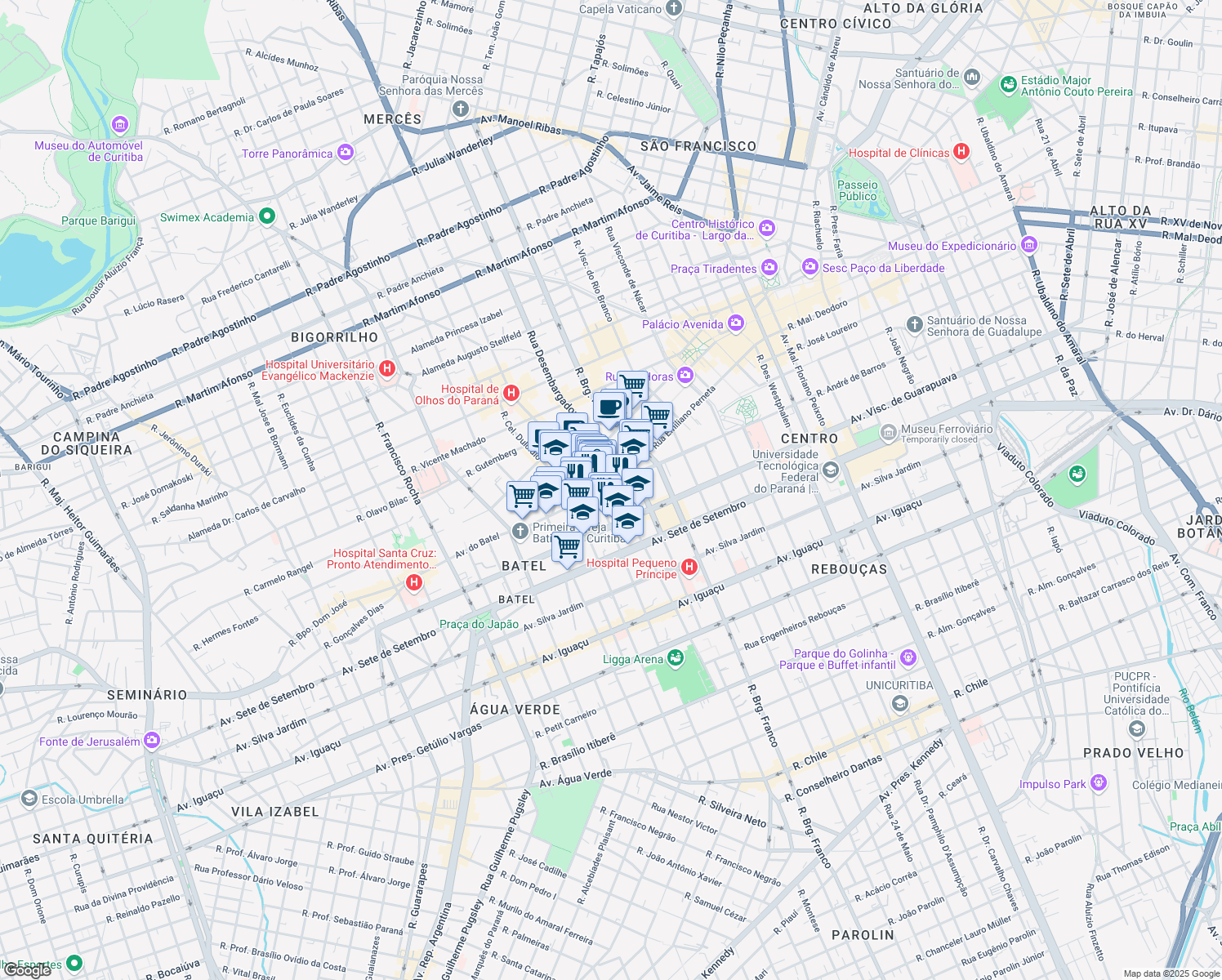 map of restaurants, bars, coffee shops, grocery stores, and more near 711 Rua Benjamin Lins in Curitiba