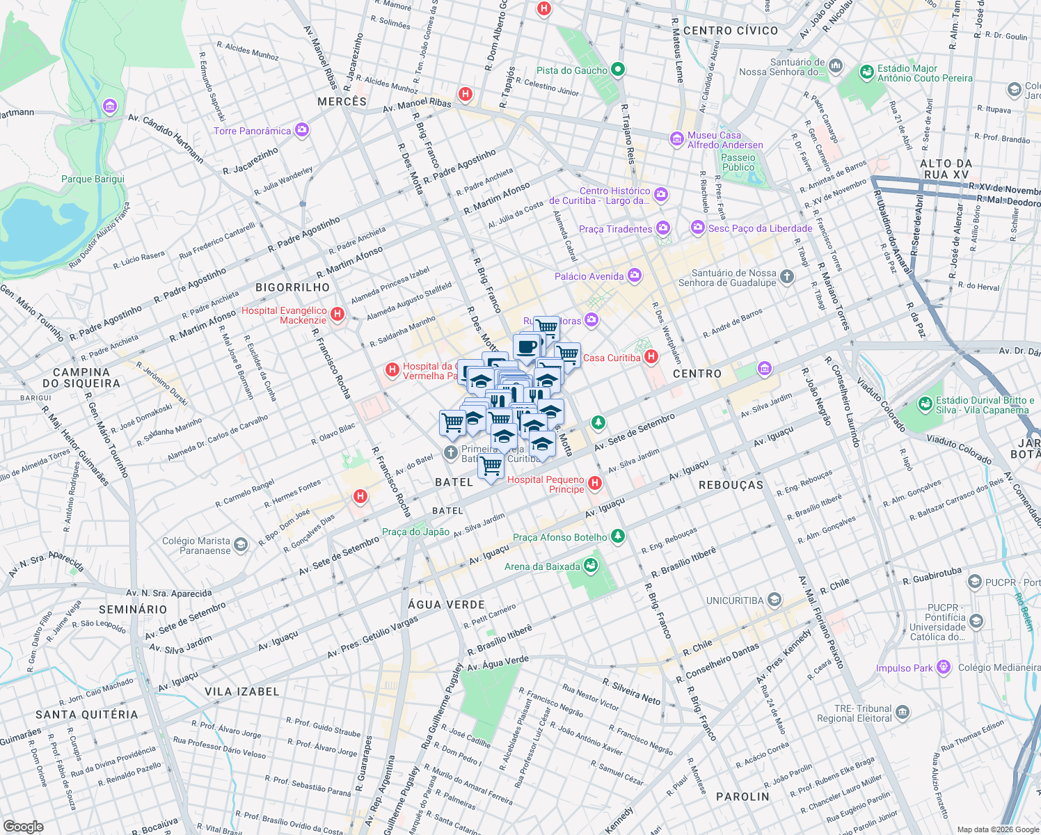 map of restaurants, bars, coffee shops, grocery stores, and more near 711 Rua Benjamin Lins in Curitiba