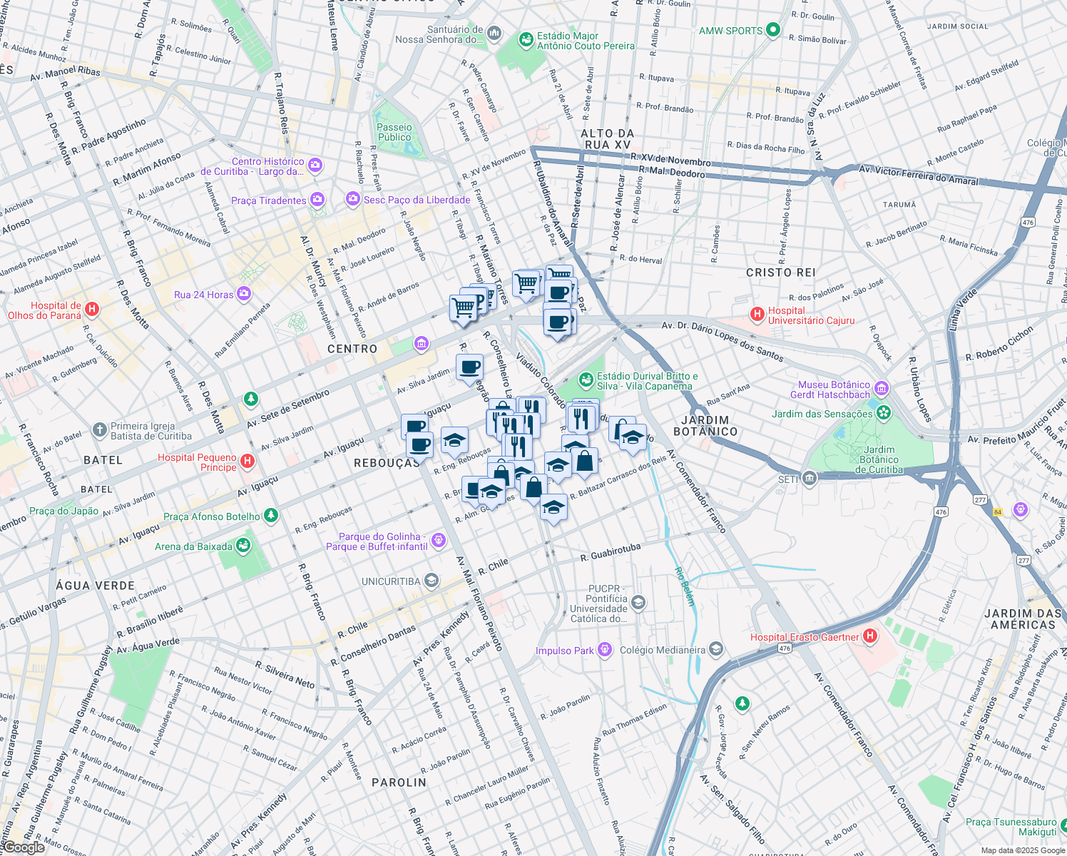 map of restaurants, bars, coffee shops, grocery stores, and more near 1376 Rua Engenheiros Rebouças in Curitiba