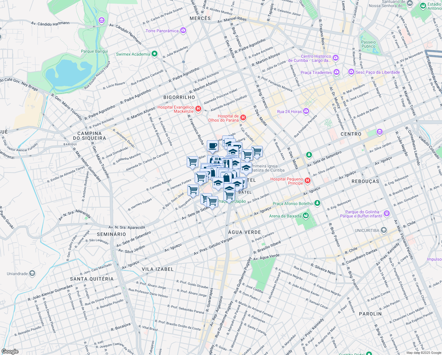 map of restaurants, bars, coffee shops, grocery stores, and more near 1647 Avenida do Batel in Curitiba