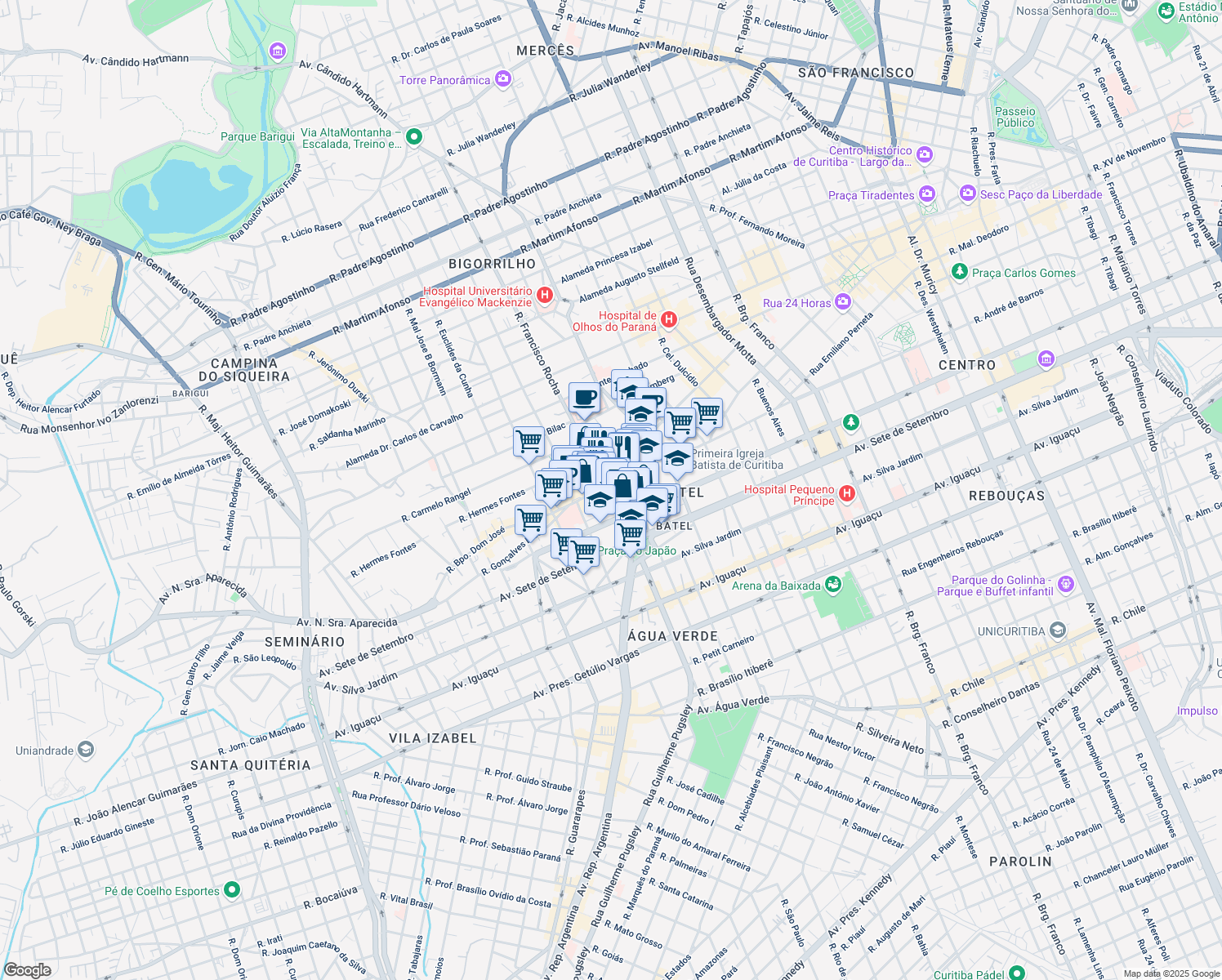 map of restaurants, bars, coffee shops, grocery stores, and more near 1647 Avenida do Batel in Curitiba