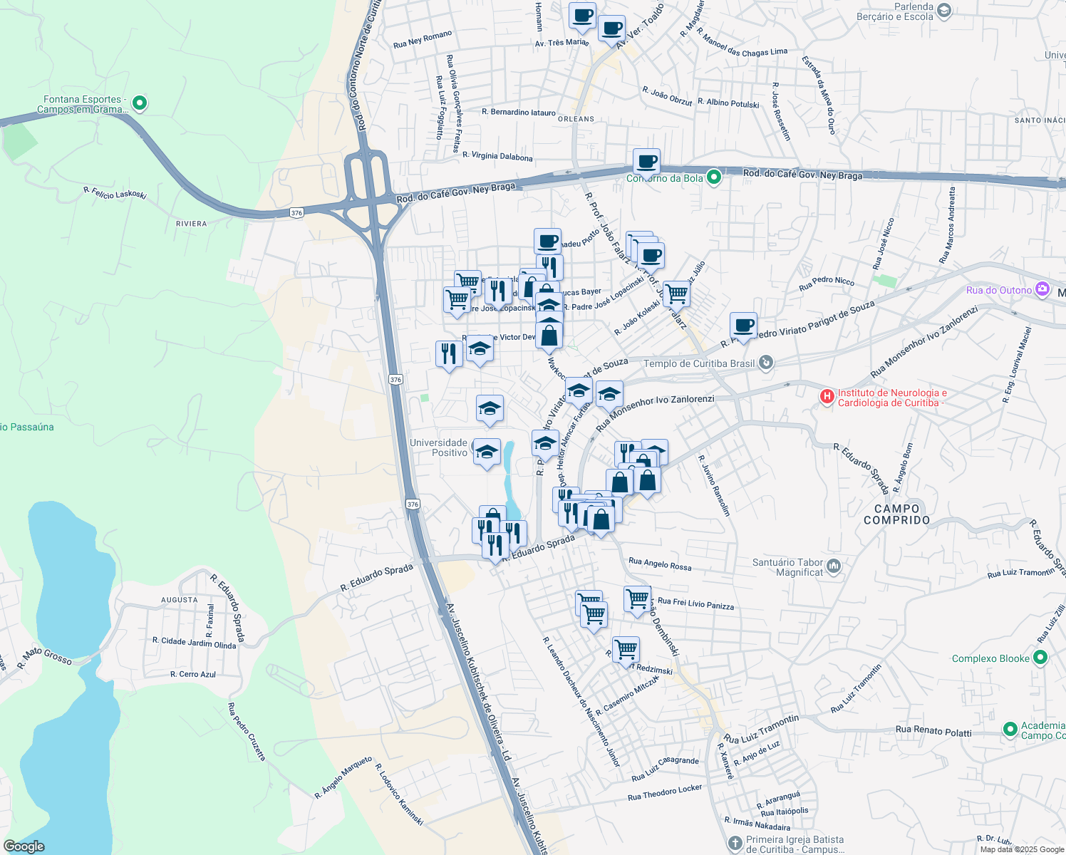 map of restaurants, bars, coffee shops, grocery stores, and more near 5300 Rua Professor Pedro Viriato Parigot de Souza in Curitiba