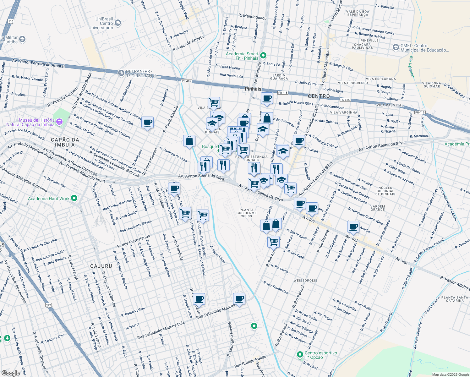 map of restaurants, bars, coffee shops, grocery stores, and more near 16 Avenida Iraí in Pinhais