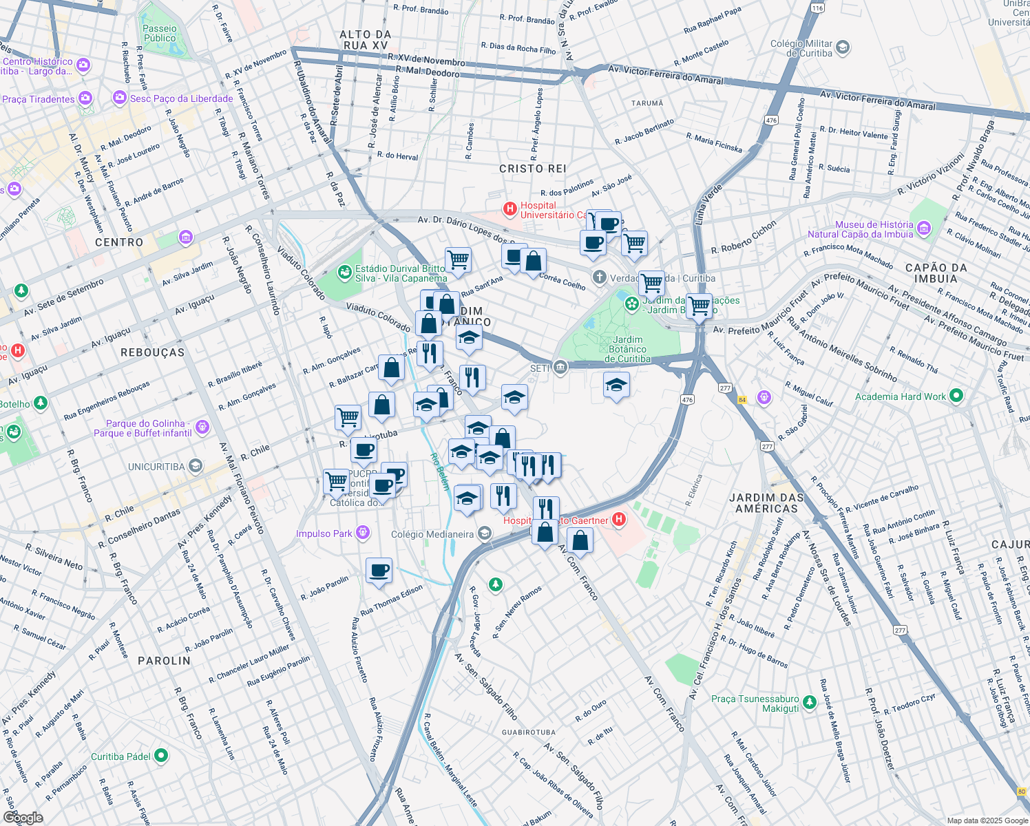 map of restaurants, bars, coffee shops, grocery stores, and more near 1341 Avenida Comendador Franco in Curitiba