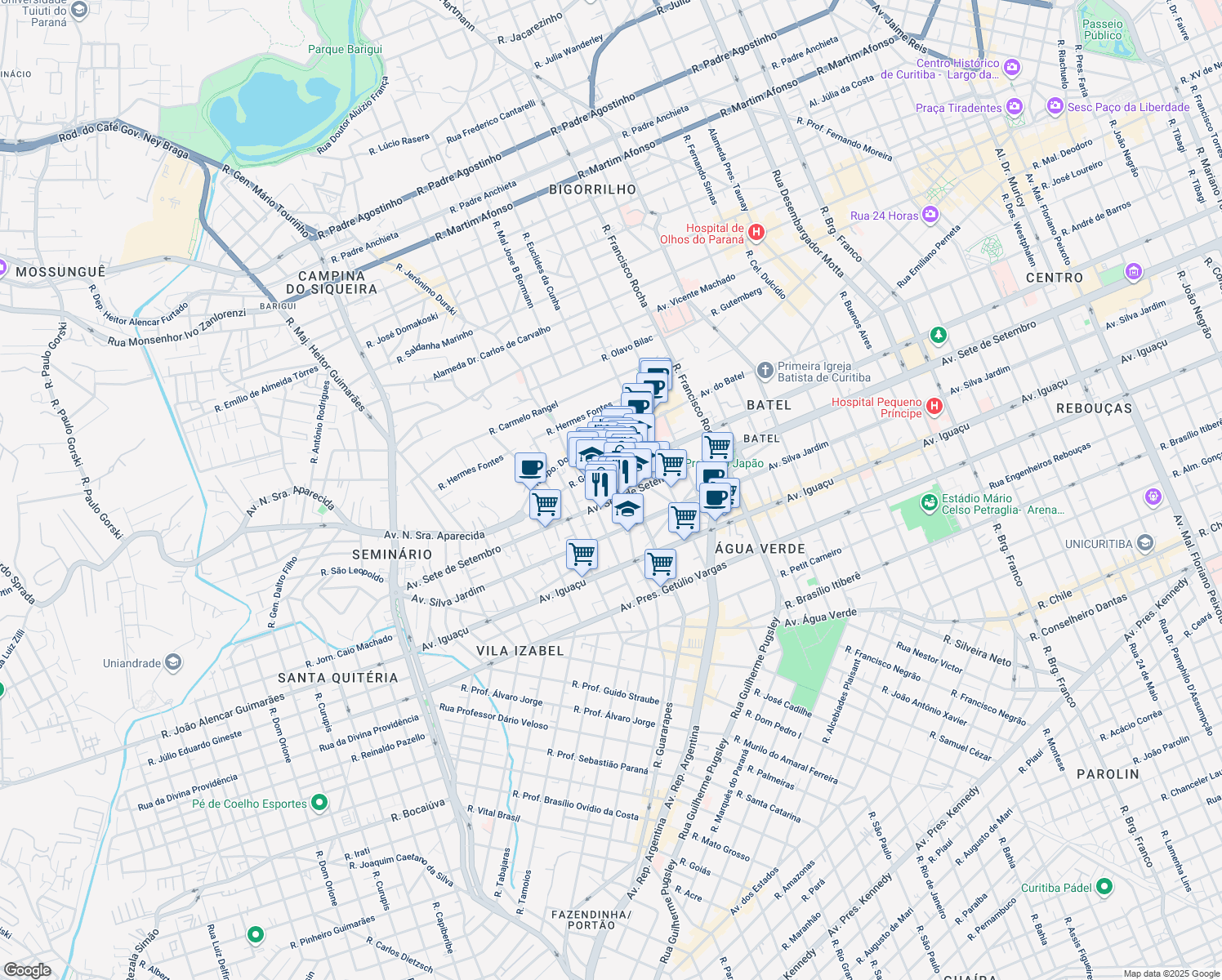 map of restaurants, bars, coffee shops, grocery stores, and more near 5732 Avenida Sete de Setembro in Curitiba