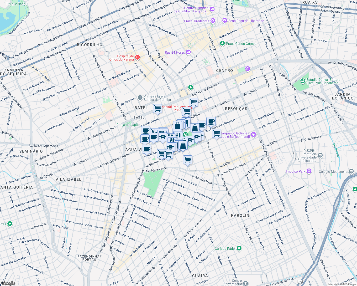 map of restaurants, bars, coffee shops, grocery stores, and more near 51 Rua Petit Carneiro in Curitiba