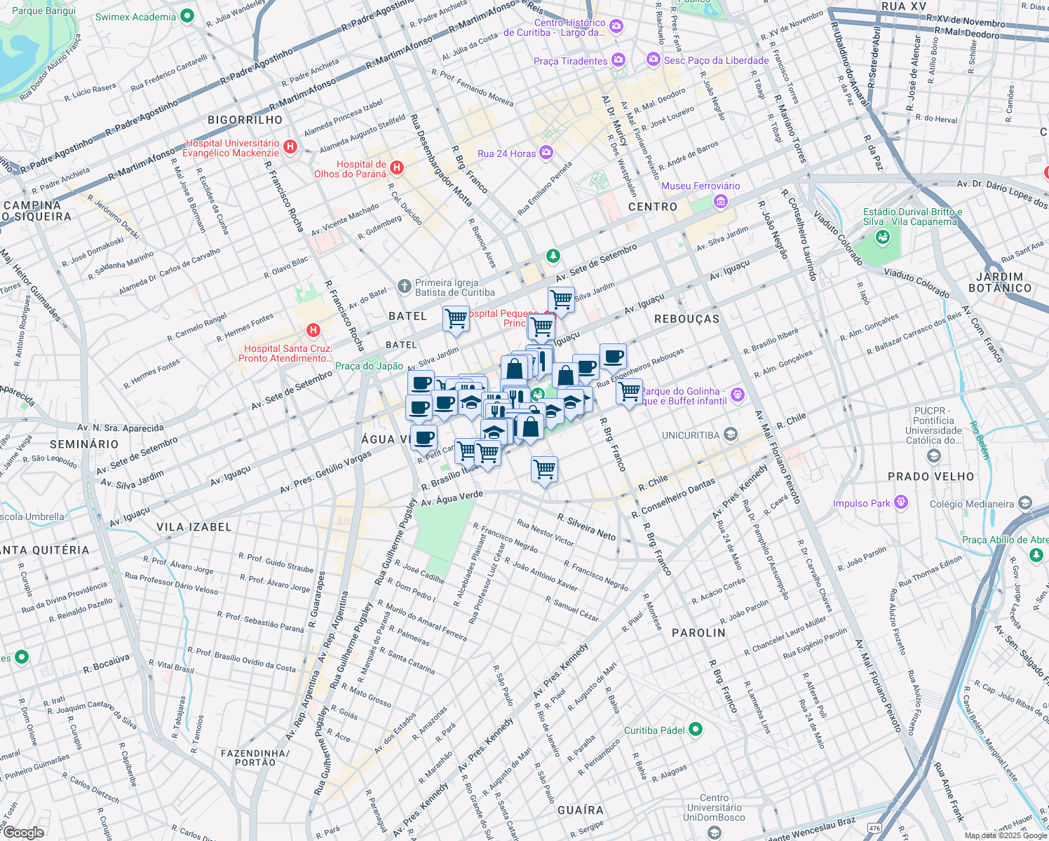 map of restaurants, bars, coffee shops, grocery stores, and more near 51 Rua Petit Carneiro in Curitiba