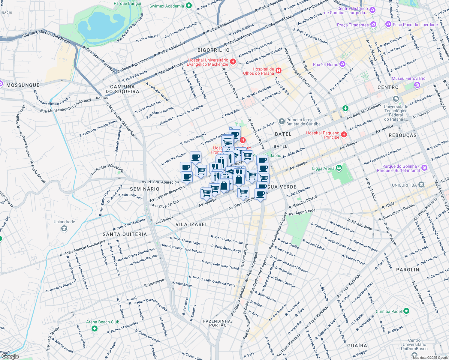 map of restaurants, bars, coffee shops, grocery stores, and more near 3476 Avenida Silva Jardim in Curitiba