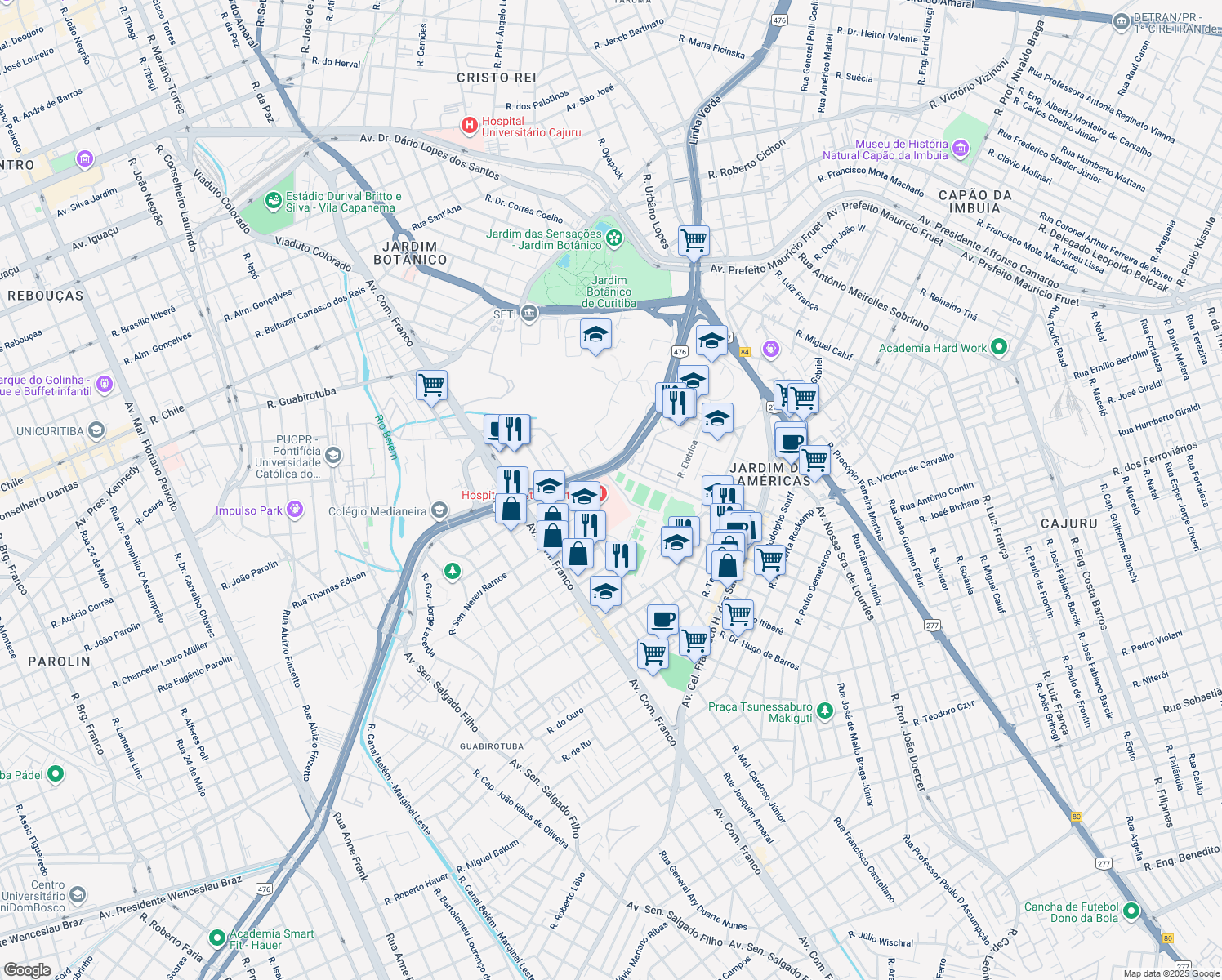 map of restaurants, bars, coffee shops, grocery stores, and more near 201 Rua Doutor Ovande do Amaral in Curitiba