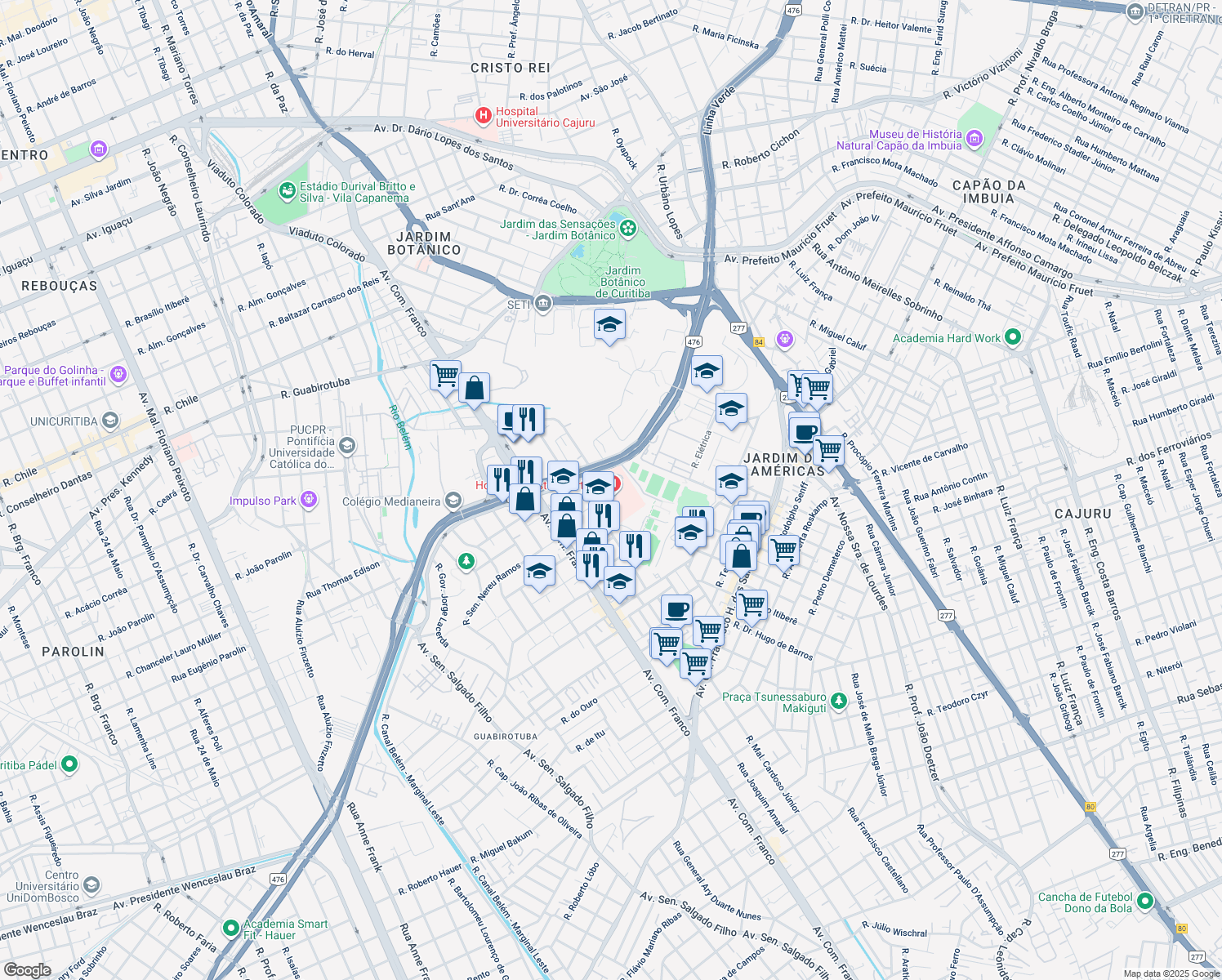 map of restaurants, bars, coffee shops, grocery stores, and more near 201 Rua Doutor Ovande do Amaral in Curitiba