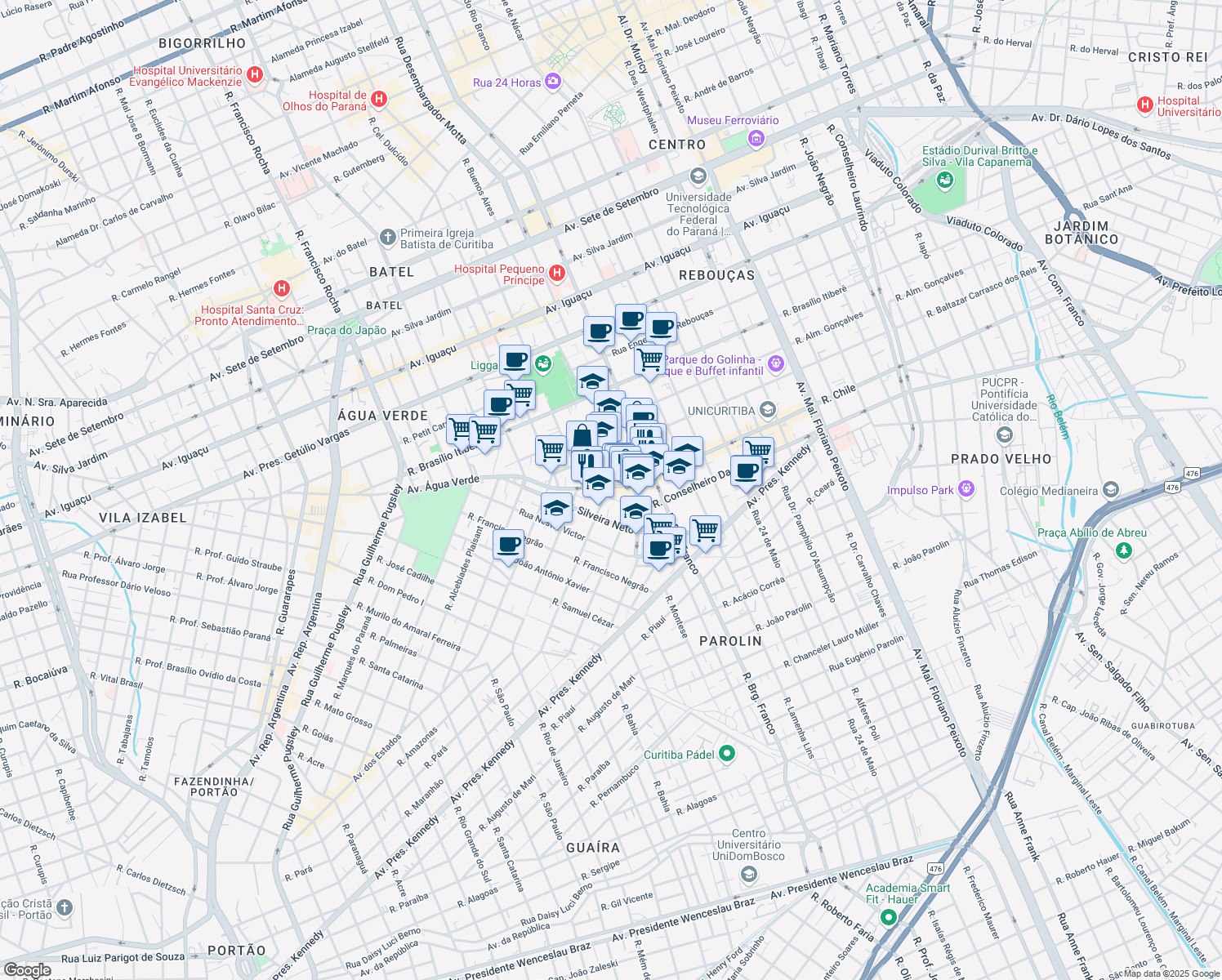 map of restaurants, bars, coffee shops, grocery stores, and more near 225 Avenida Água Verde in Curitiba